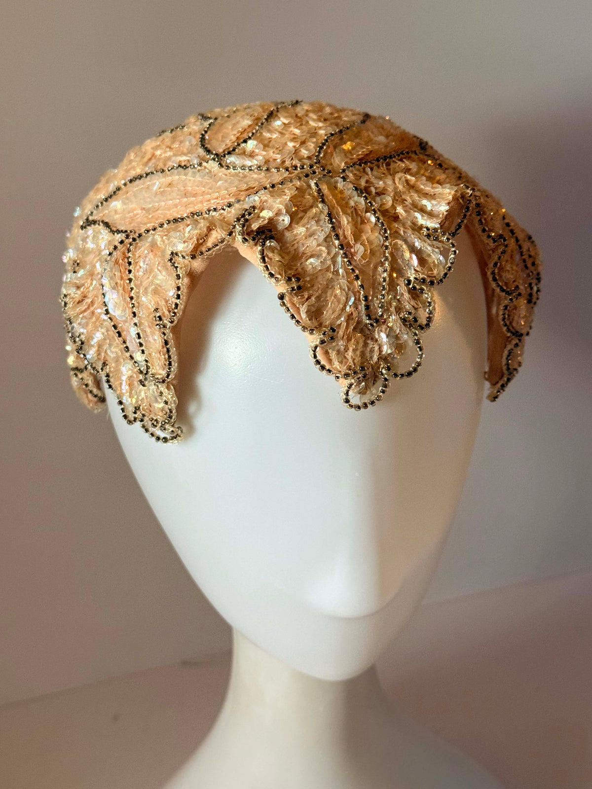Vintage 1950s Champagne Sequin Half Hat Livingston Bros Gold Beaded Scalloped Bridal Showgirl Headpiece