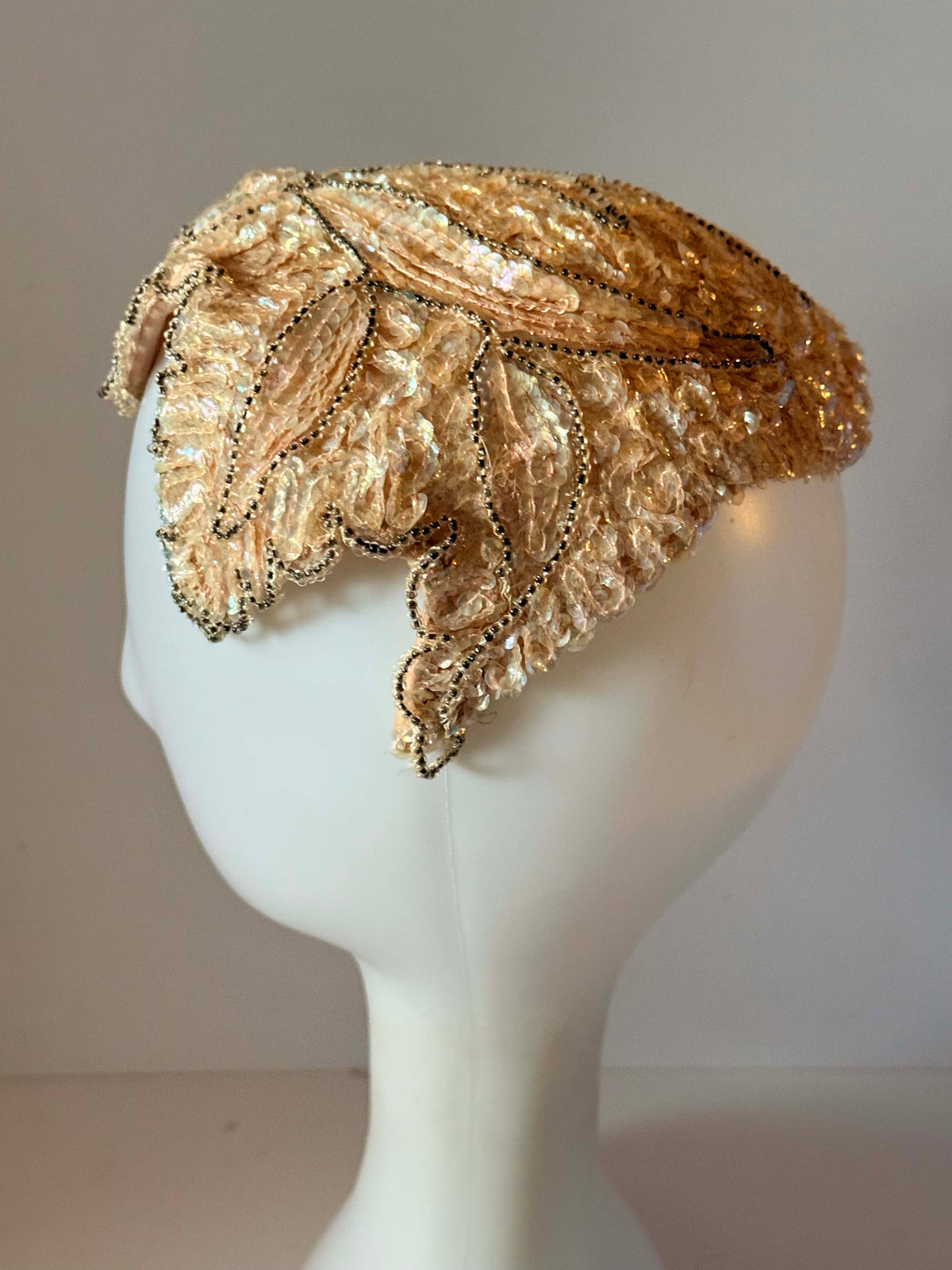 Vintage 1950s Champagne Sequin Half Hat Livingston Bros Gold Beaded Scalloped Bridal Showgirl Headpiece
