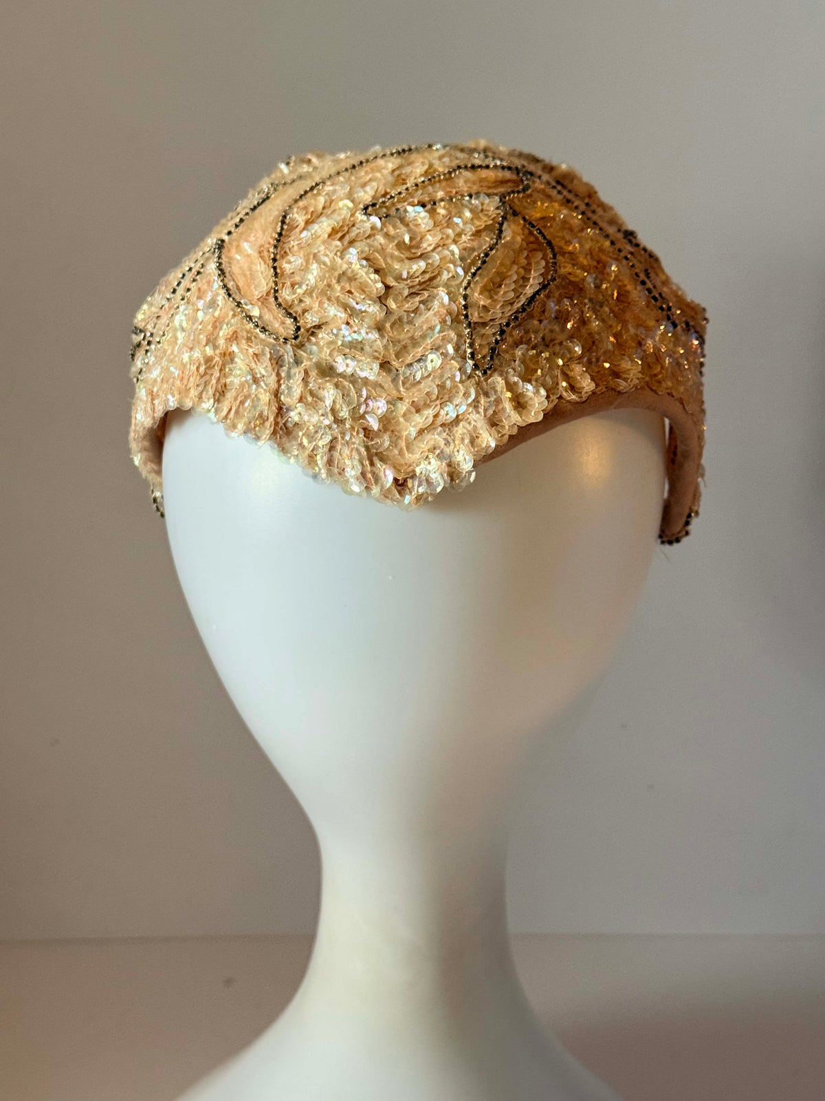 Vintage 1950s Champagne Sequin Half Hat Livingston Bros Gold Beaded Scalloped Bridal Showgirl Headpiece