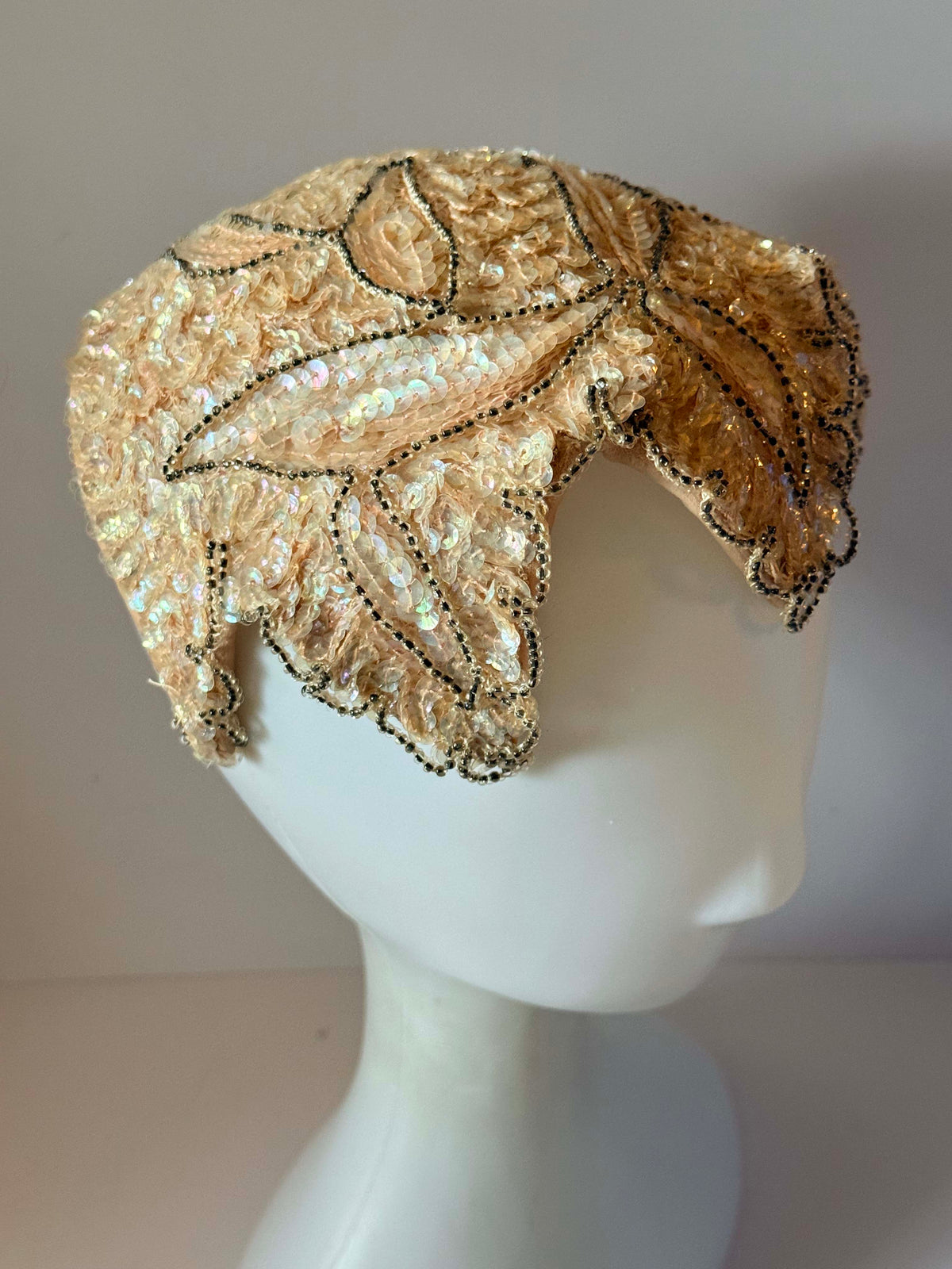 Vintage 1950s Champagne Sequin Half Hat Livingston Bros Gold Beaded Scalloped Bridal Showgirl Headpiece