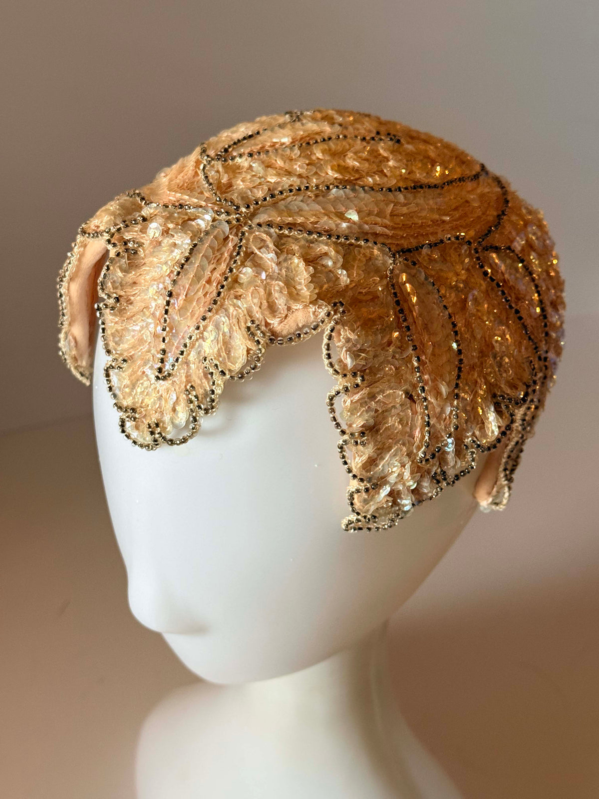 Vintage 1950s Champagne Sequin Half Hat Livingston Bros Gold Beaded Scalloped Bridal Showgirl Headpiece