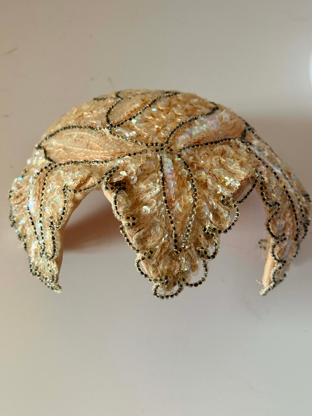 Vintage 1950s Champagne Sequin Half Hat Livingston Bros Gold Beaded Scalloped Bridal Showgirl Headpiece