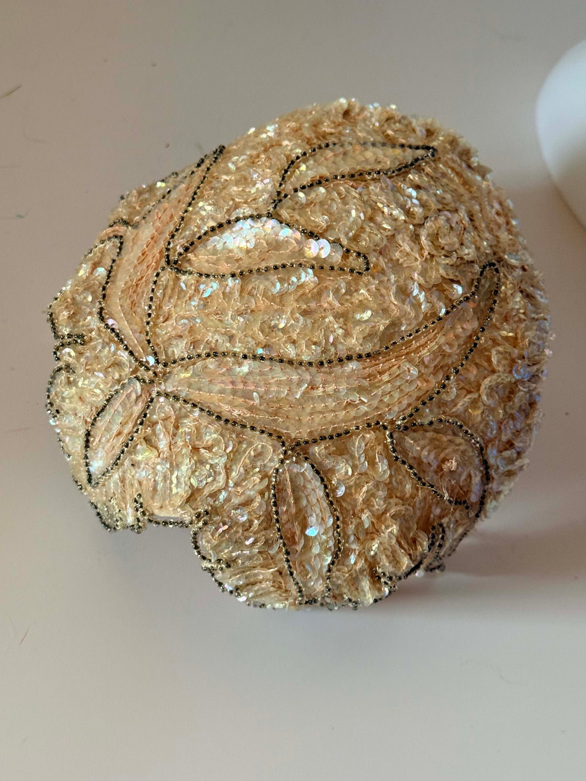 Vintage 1950s Champagne Sequin Half Hat Livingston Bros Gold Beaded Scalloped Bridal Showgirl Headpiece