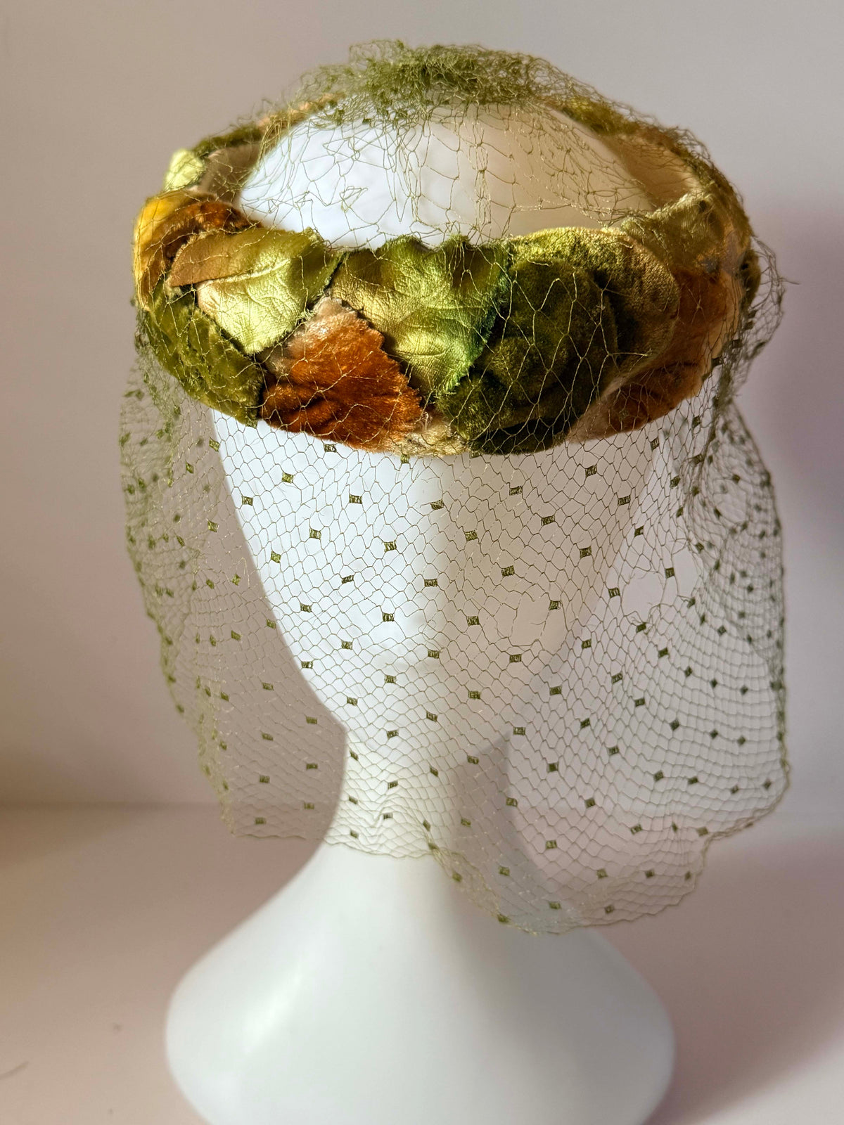 Vintage 1950s Veiled Halo Hat Olive Green Gold Brown Velvet Leaves Birdcage Veil Mid Century Millinery