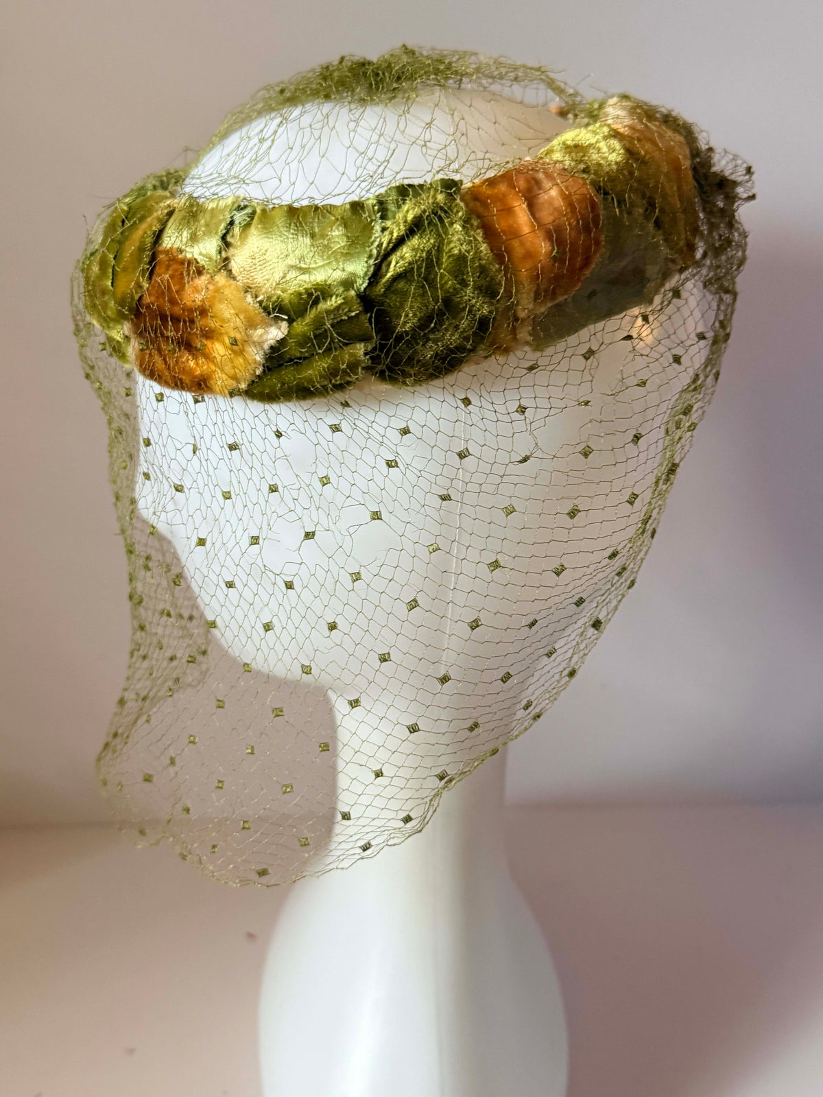 Vintage 1950s Veiled Halo Hat Olive Green Gold Brown Velvet Leaves Birdcage Veil Mid Century Millinery