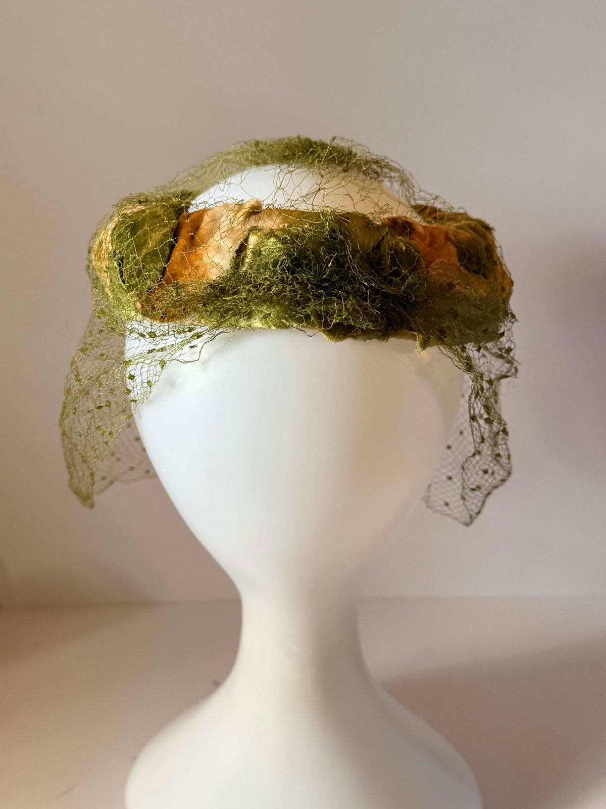Vintage 1950s Veiled Halo Hat Olive Green Gold Brown Velvet Leaves Birdcage Veil Mid Century Millinery