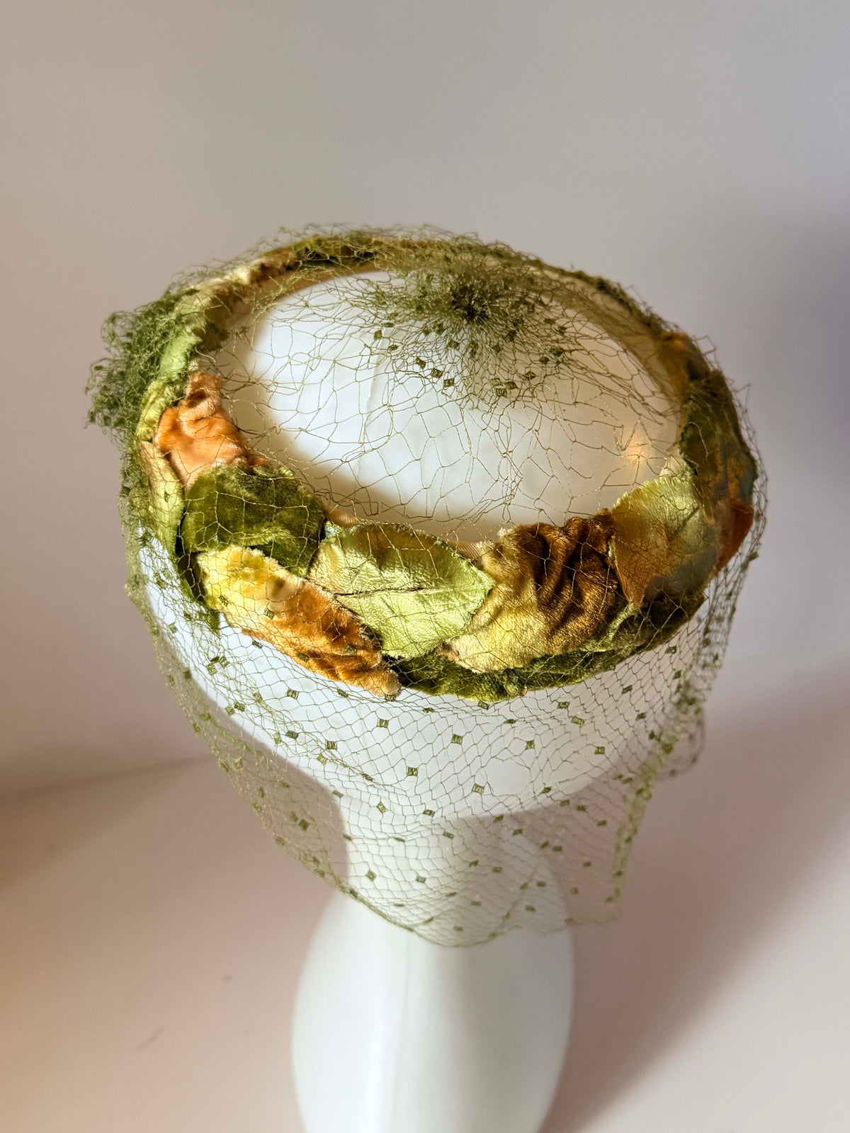 Vintage 1950s Veiled Halo Hat Olive Green Gold Brown Velvet Leaves Birdcage Veil Mid Century Millinery