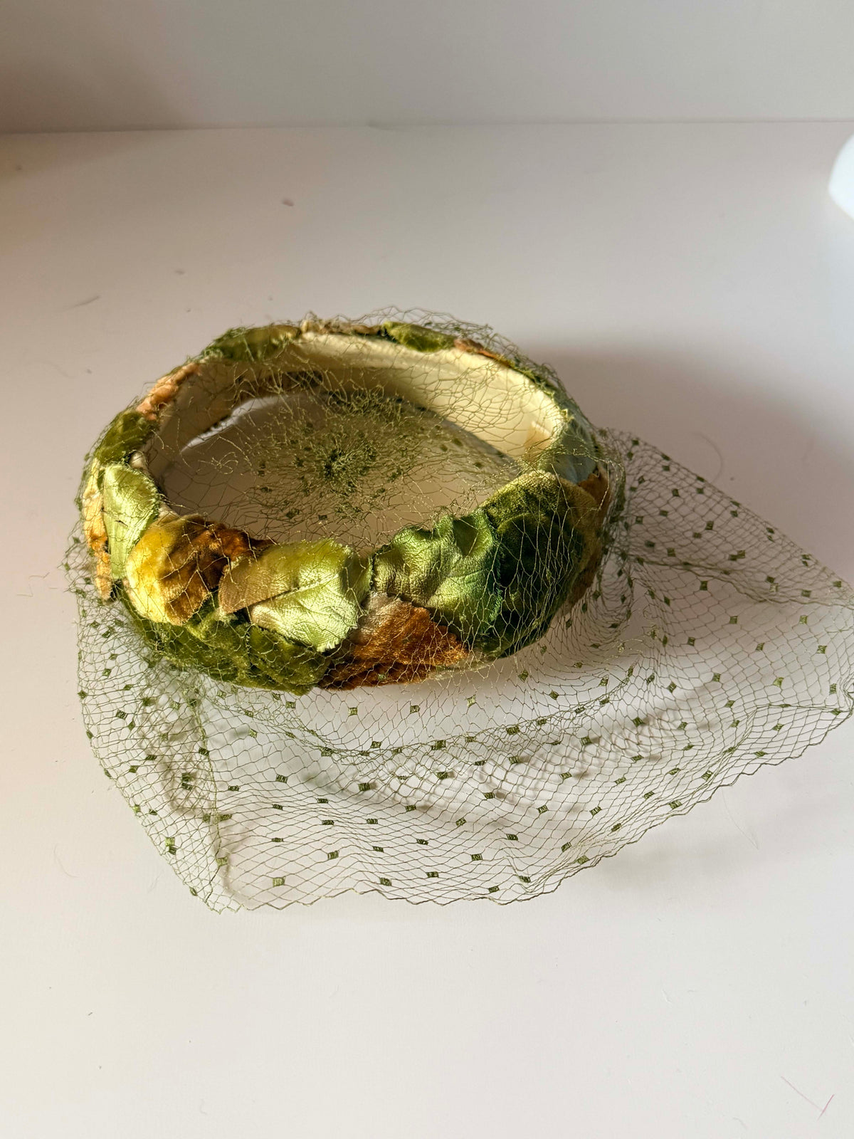 Vintage 1950s Veiled Halo Hat Olive Green Gold Brown Velvet Leaves Birdcage Veil Mid Century Millinery