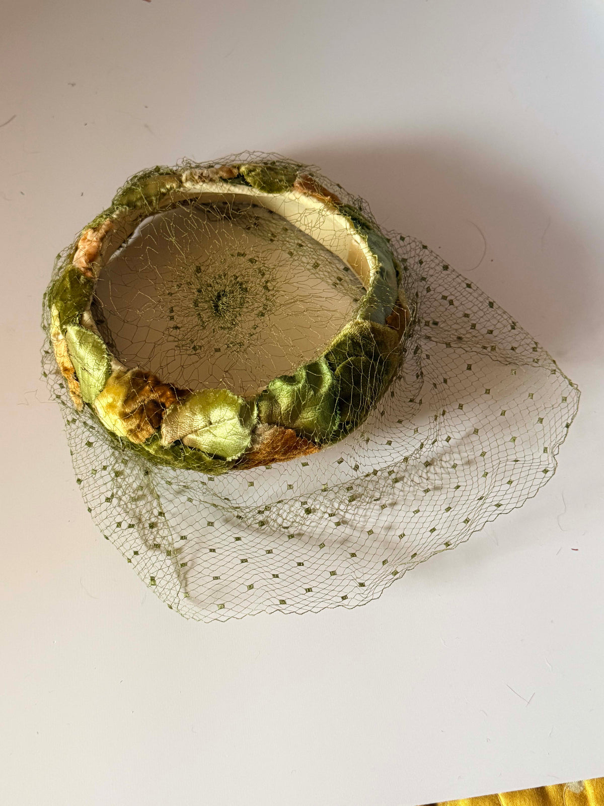 Vintage 1950s Veiled Halo Hat Olive Green Gold Brown Velvet Leaves Birdcage Veil Mid Century Millinery