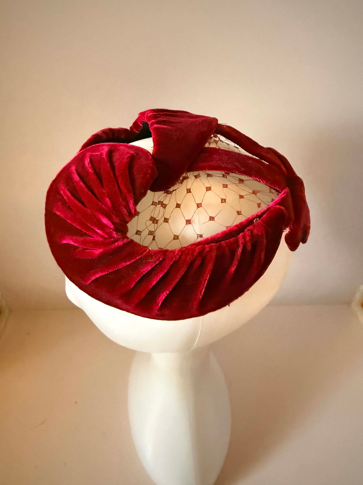 Vintage 1940s Walters Burgundy Velvet Holiday Hat Open Crown Sculptural Half Hat Fascinator