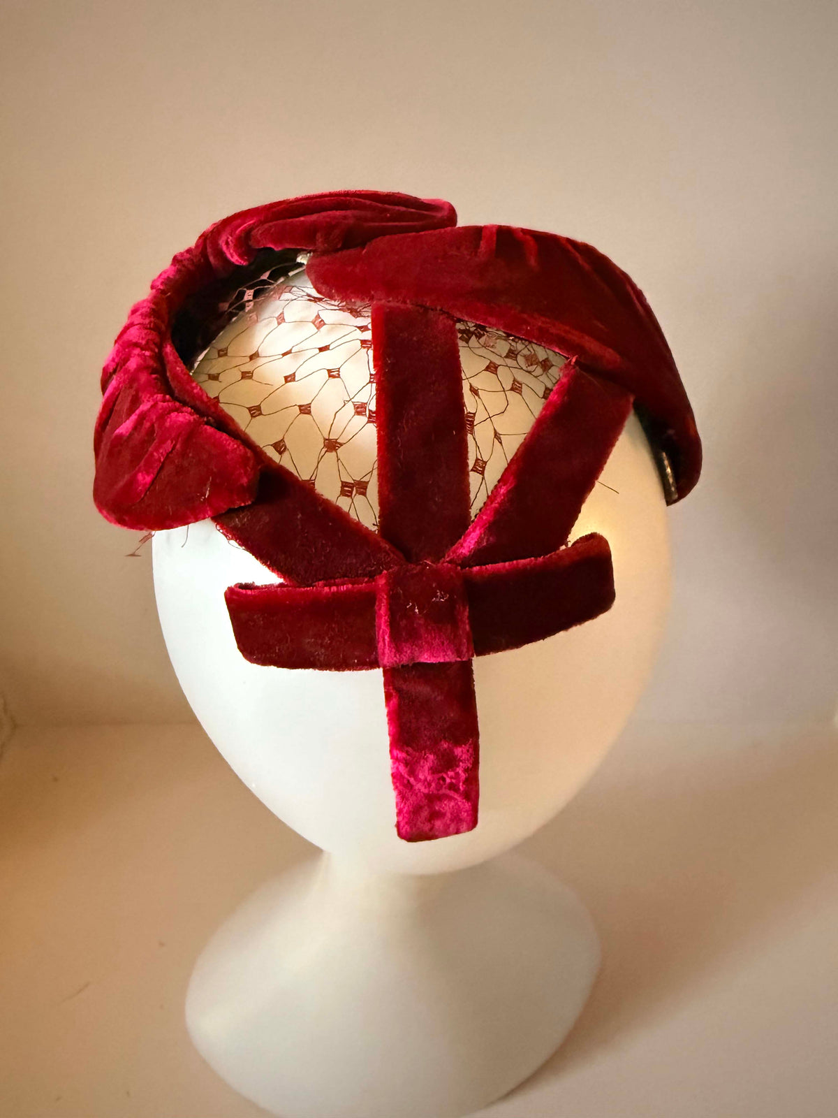 Vintage 1940s Walters Burgundy Velvet Holiday Hat Open Crown Sculptural Half Hat Fascinator