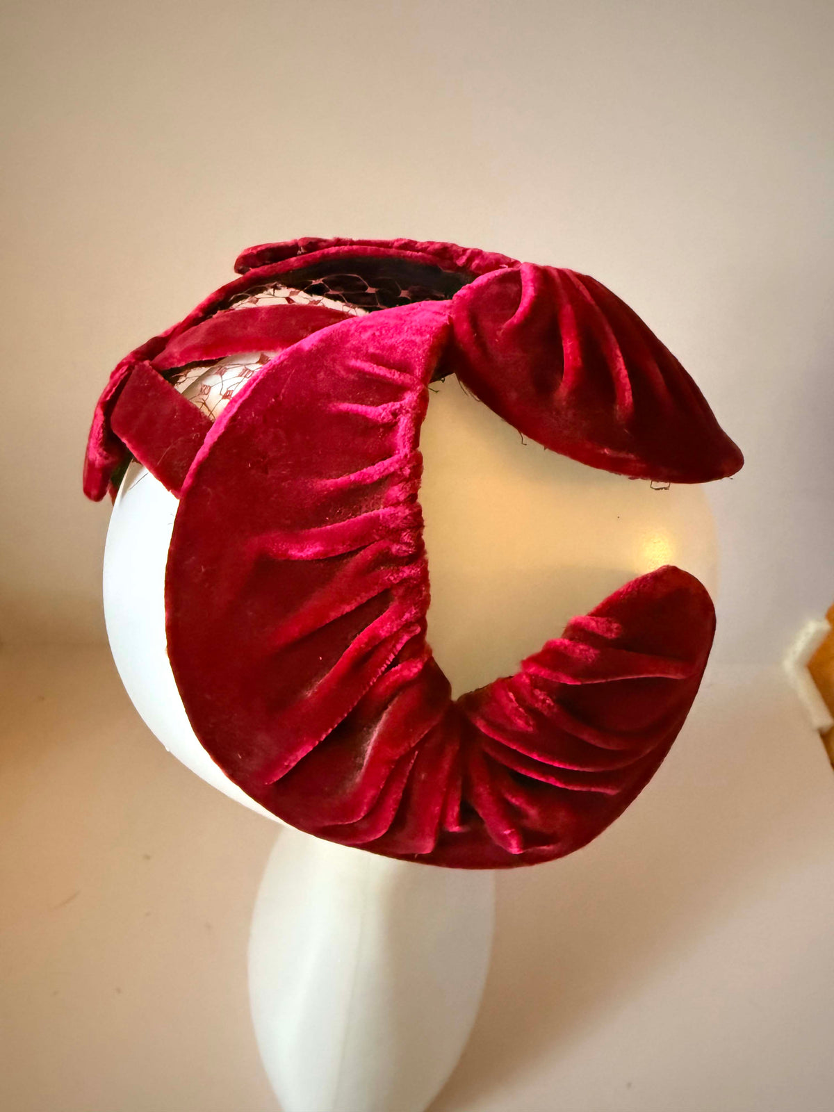 Vintage 1940s Walters Burgundy Velvet Holiday Hat Open Crown Sculptural Half Hat Fascinator