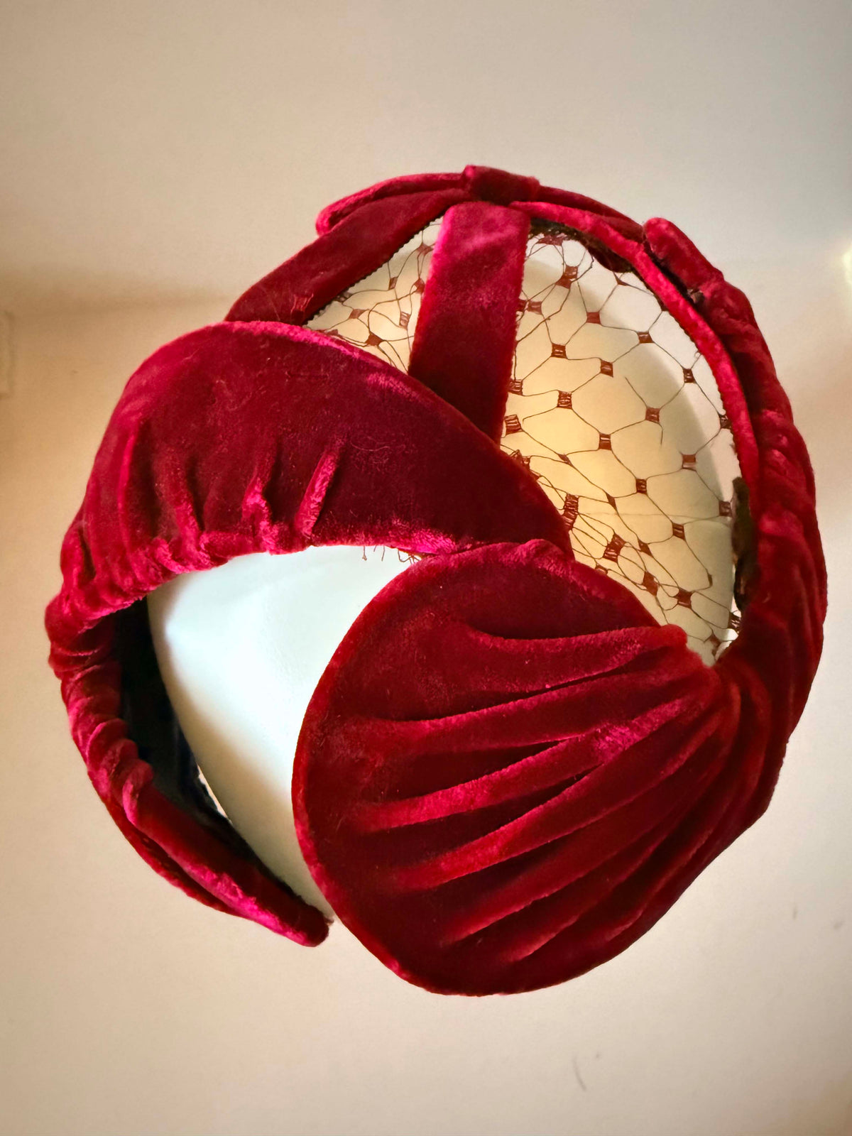 Vintage 1940s Walters Burgundy Velvet Holiday Hat Open Crown Sculptural Half Hat Fascinator