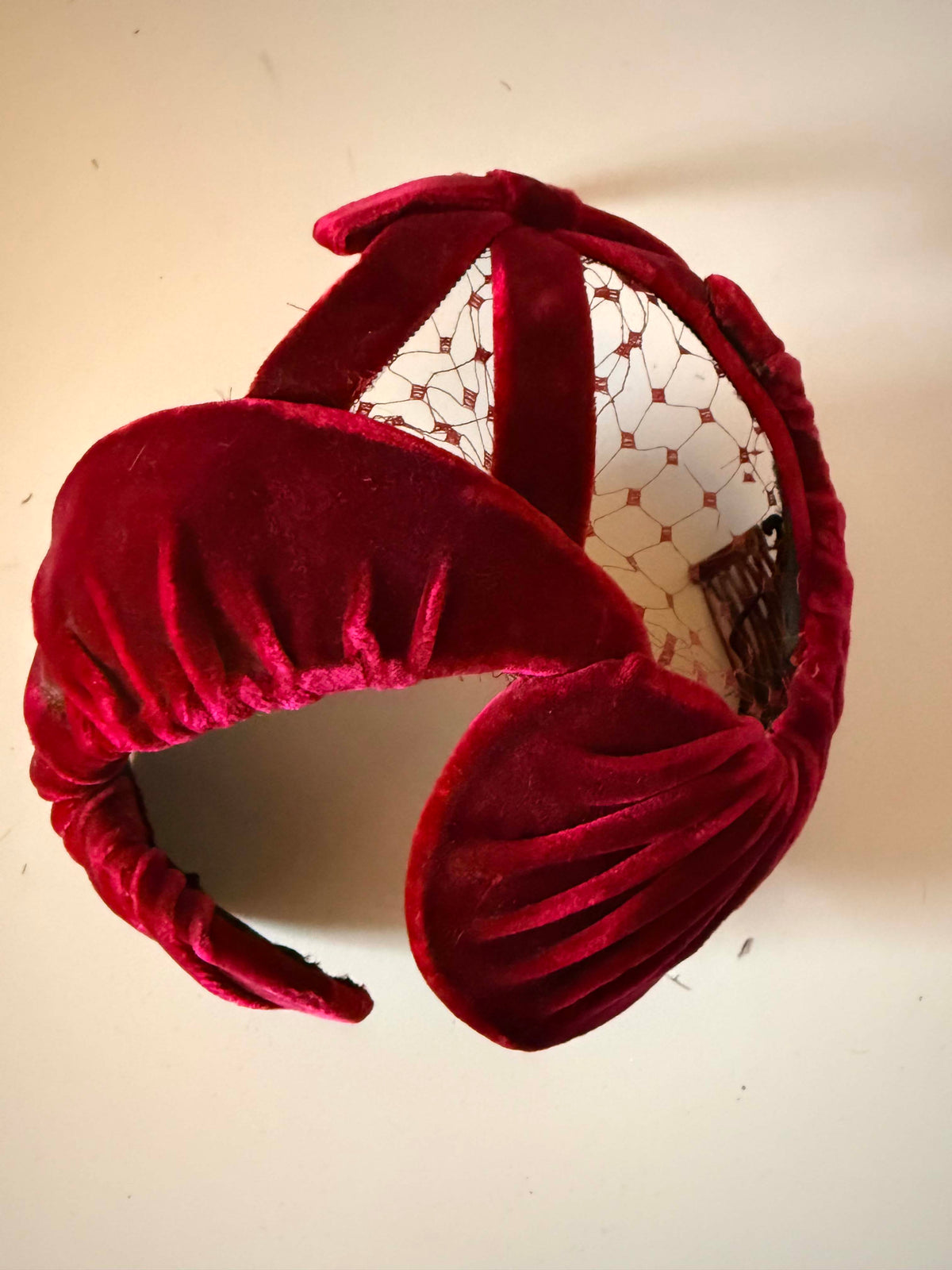 Vintage 1940s Walters Burgundy Velvet Holiday Hat Open Crown Sculptural Half Hat Fascinator