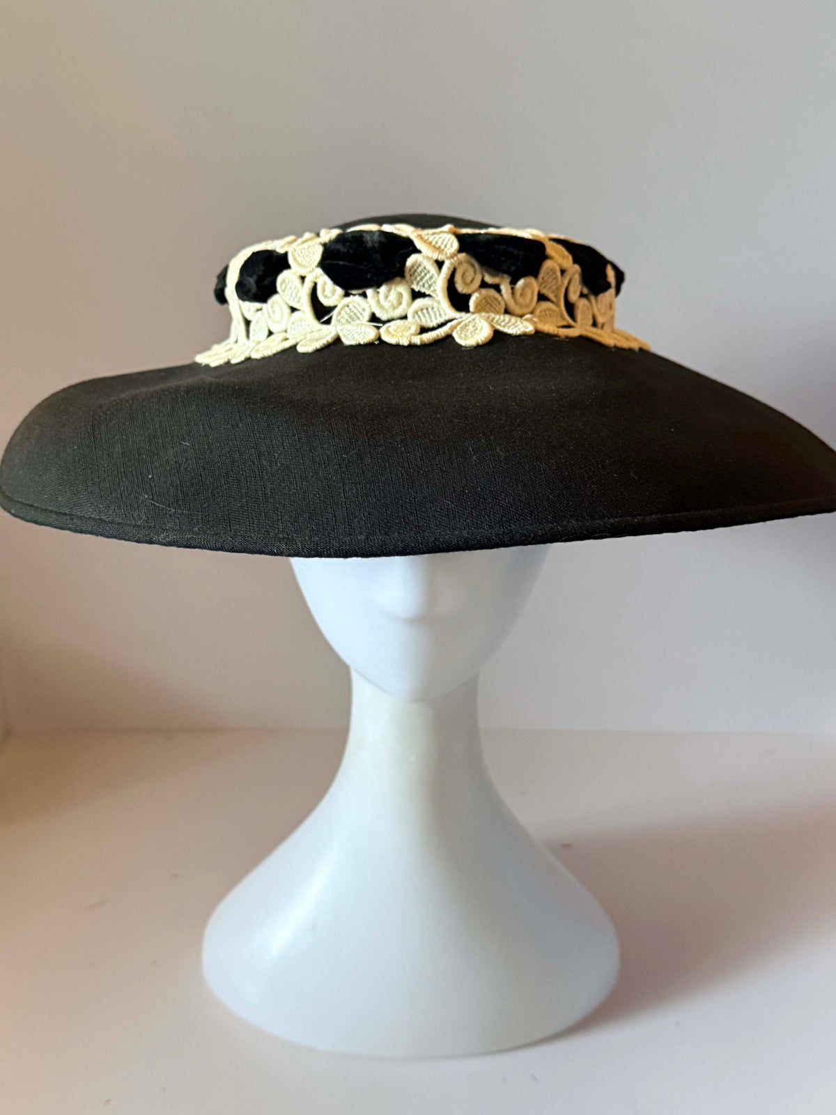 Vintage 1950s Black Wide Brim Picture Hat Ivory Embroidered Floral Lace Velvet Ribbon My Hat's A Michele Mid Century Millinery