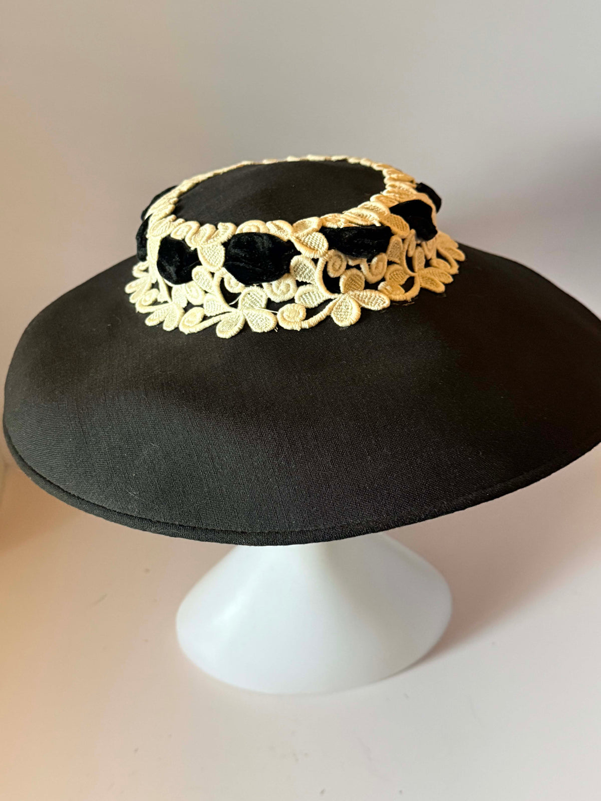 Vintage 1950s Black Wide Brim Picture Hat Ivory Embroidered Floral Lace Velvet Ribbon My Hat's A Michele Mid Century Millinery