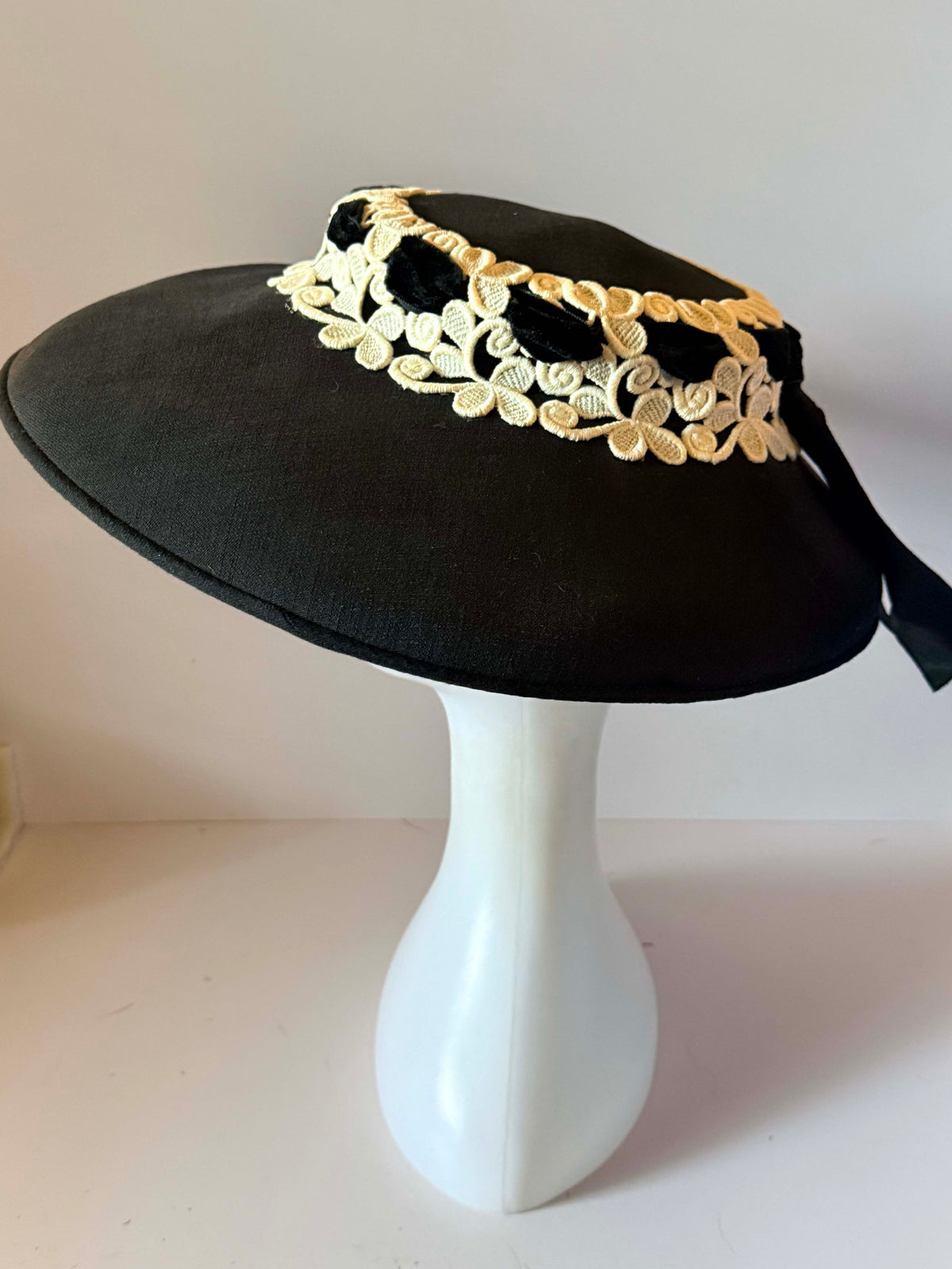 Vintage 1950s Black Wide Brim Picture Hat Ivory Embroidered Floral Lace Velvet Ribbon My Hat's A Michele Mid Century Millinery
