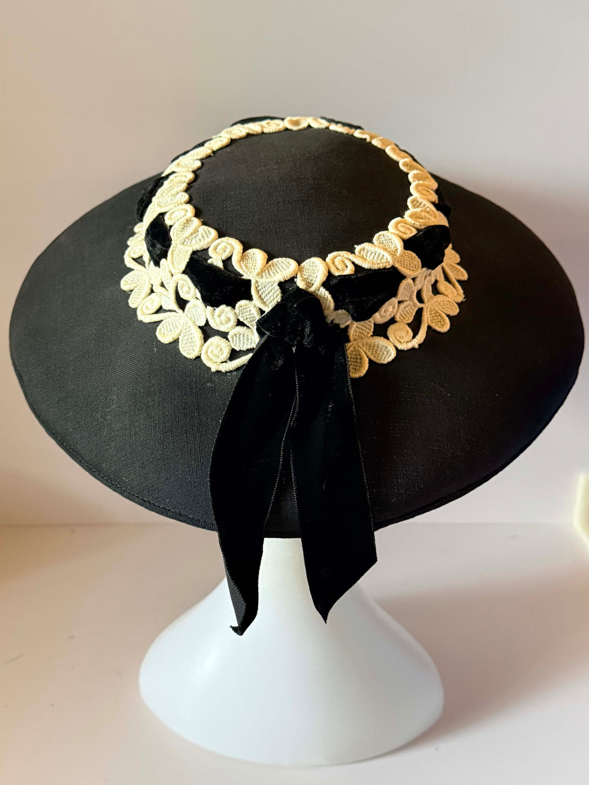 Vintage 1950s Black Wide Brim Picture Hat Ivory Embroidered Floral Lace Velvet Ribbon My Hat's A Michele Mid Century Millinery