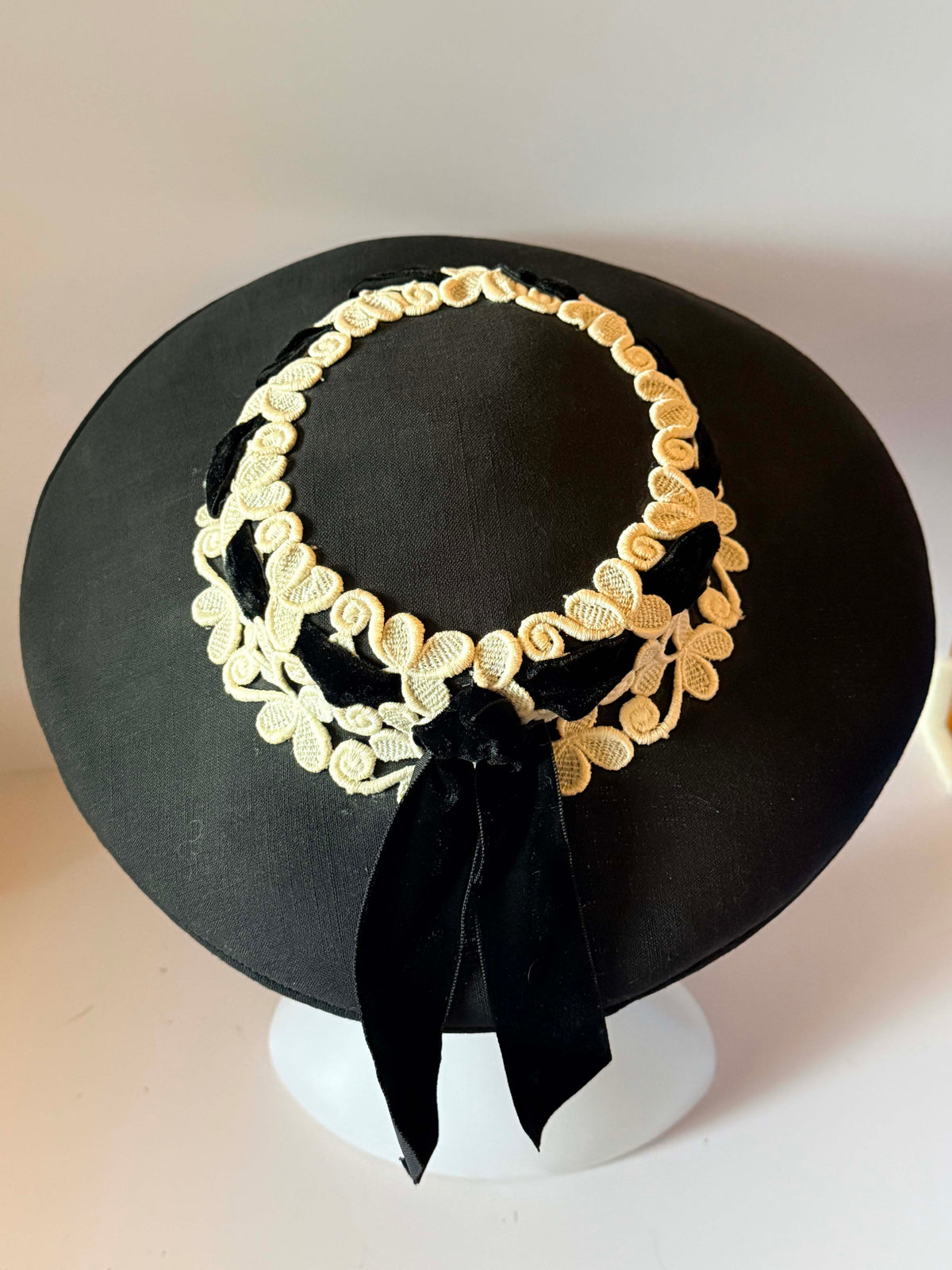 Vintage 1950s Black Wide Brim Picture Hat Ivory Embroidered Floral Lace Velvet Ribbon My Hat's A Michele Mid Century Millinery