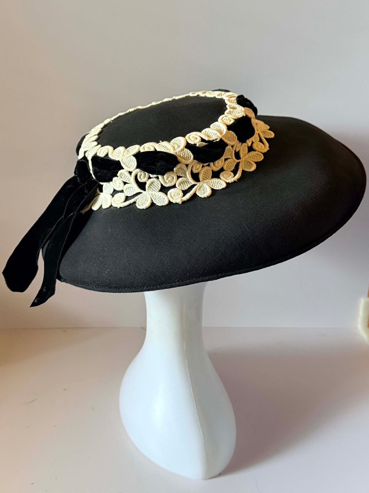 Vintage 1950s Black Wide Brim Picture Hat Ivory Embroidered Floral Lace Velvet Ribbon My Hat's A Michele Mid Century Millinery