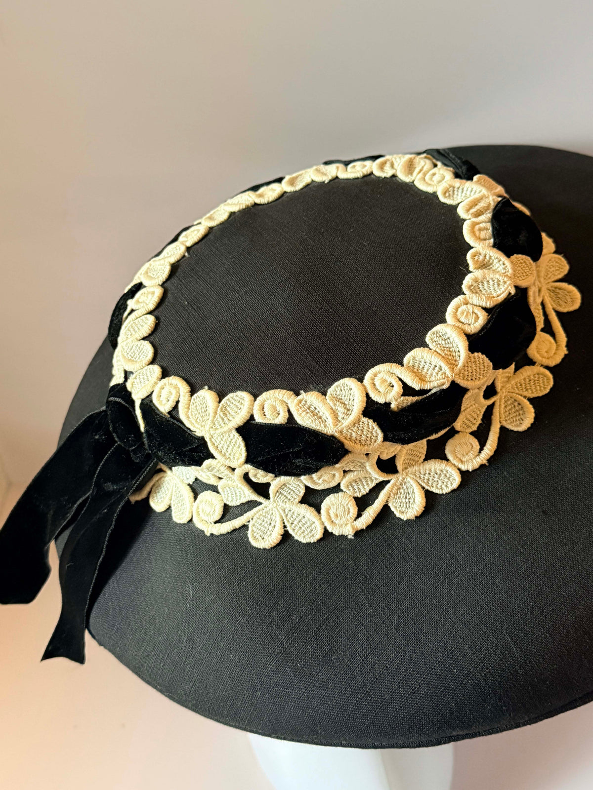 Vintage 1950s Black Wide Brim Picture Hat Ivory Embroidered Floral Lace Velvet Ribbon My Hat's A Michele Mid Century Millinery