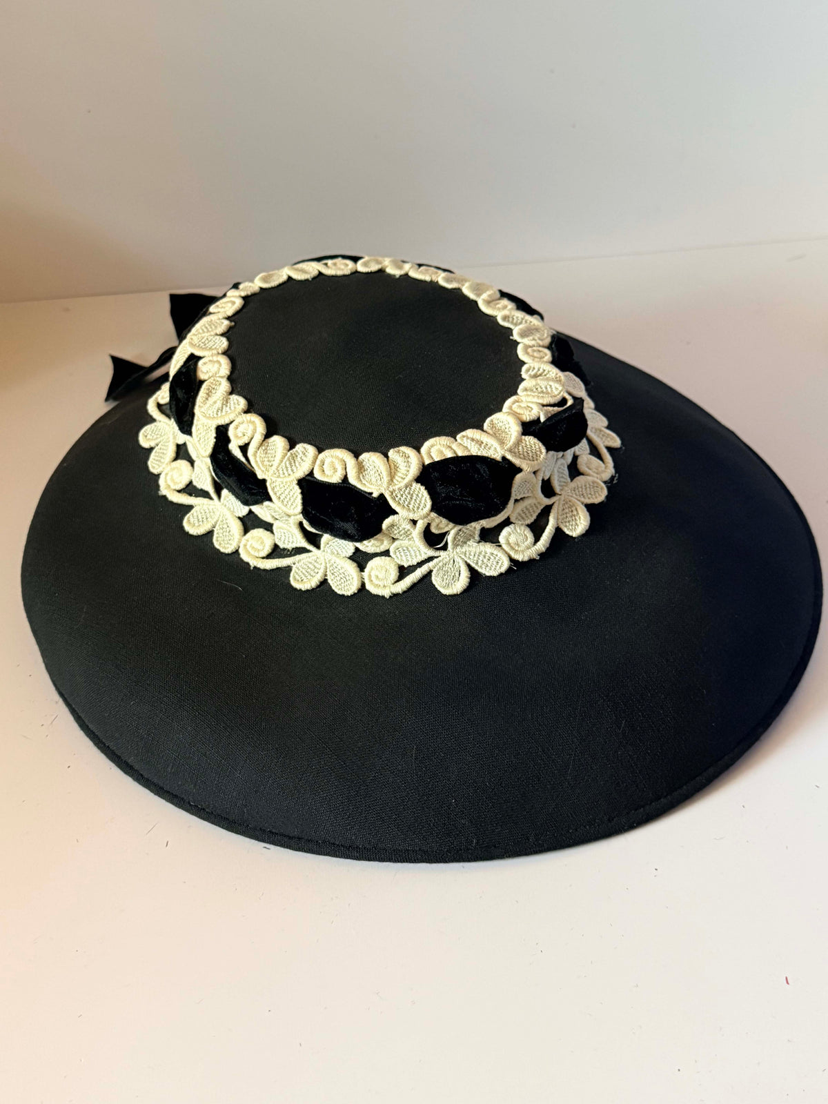 Vintage 1950s Black Wide Brim Picture Hat Ivory Embroidered Floral Lace Velvet Ribbon My Hat's A Michele Mid Century Millinery