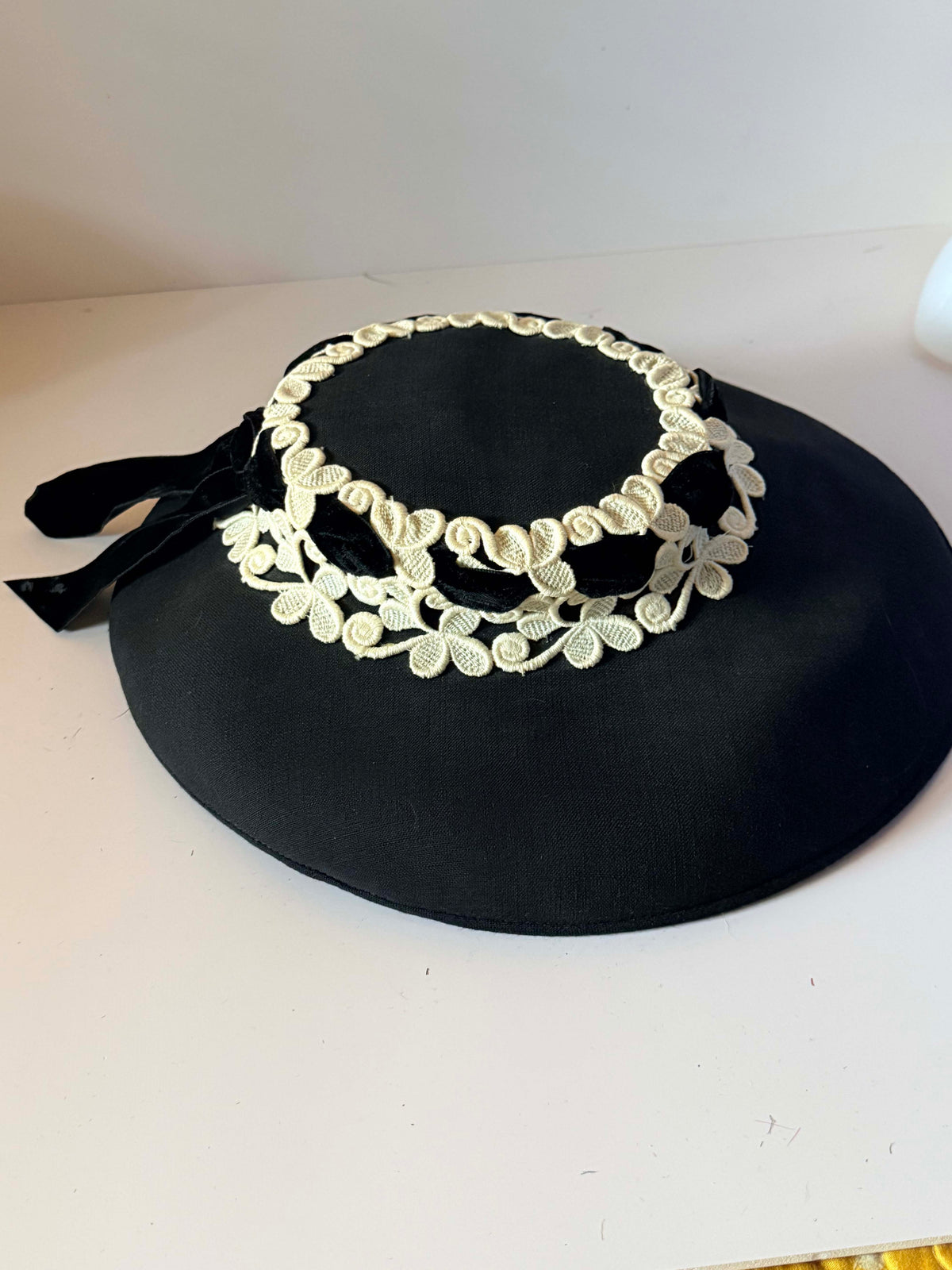 Vintage 1950s Black Wide Brim Picture Hat Ivory Embroidered Floral Lace Velvet Ribbon My Hat's A Michele Mid Century Millinery