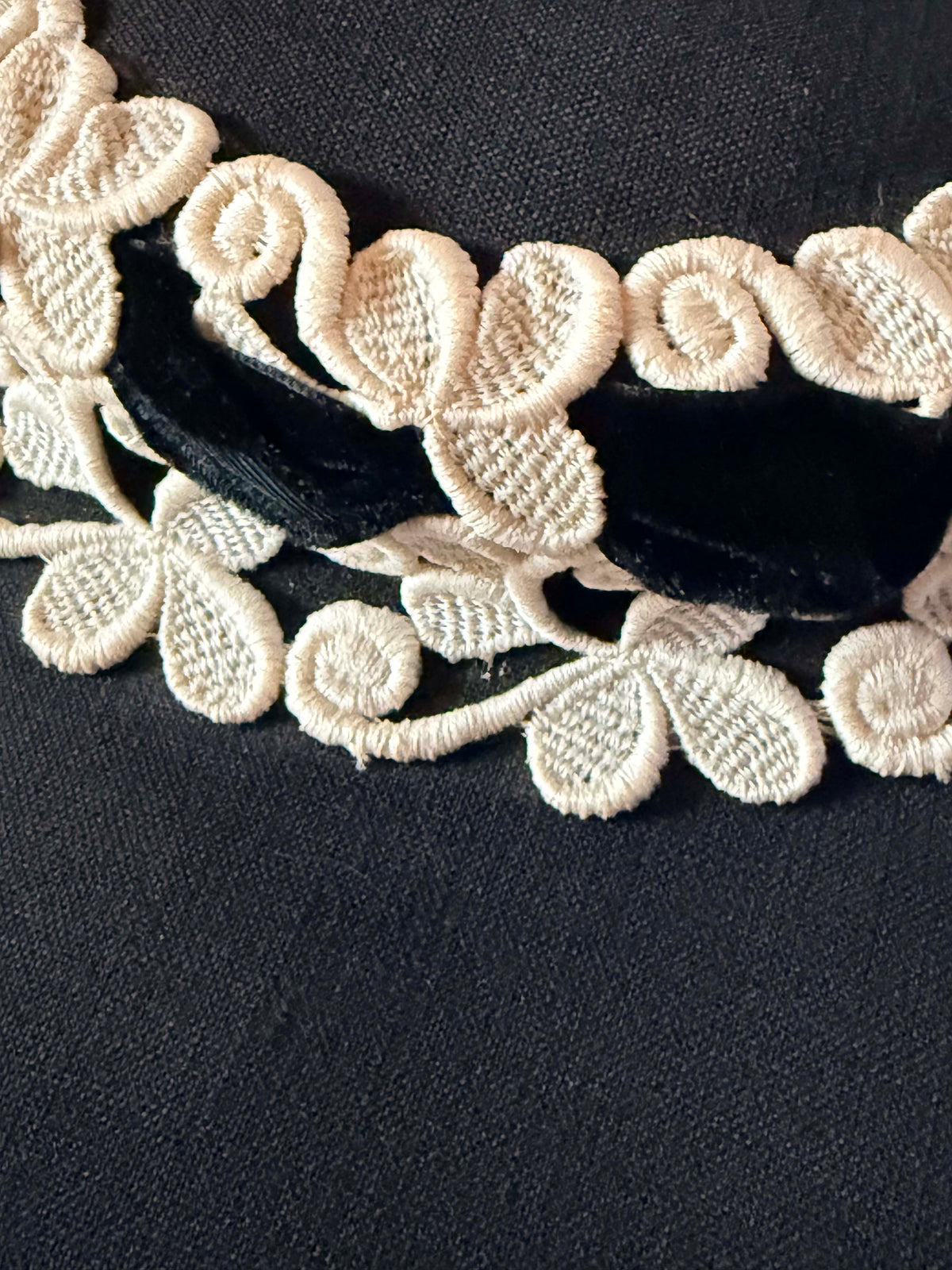 Vintage 1950s Black Wide Brim Picture Hat Ivory Embroidered Floral Lace Velvet Ribbon My Hat's A Michele Mid Century Millinery