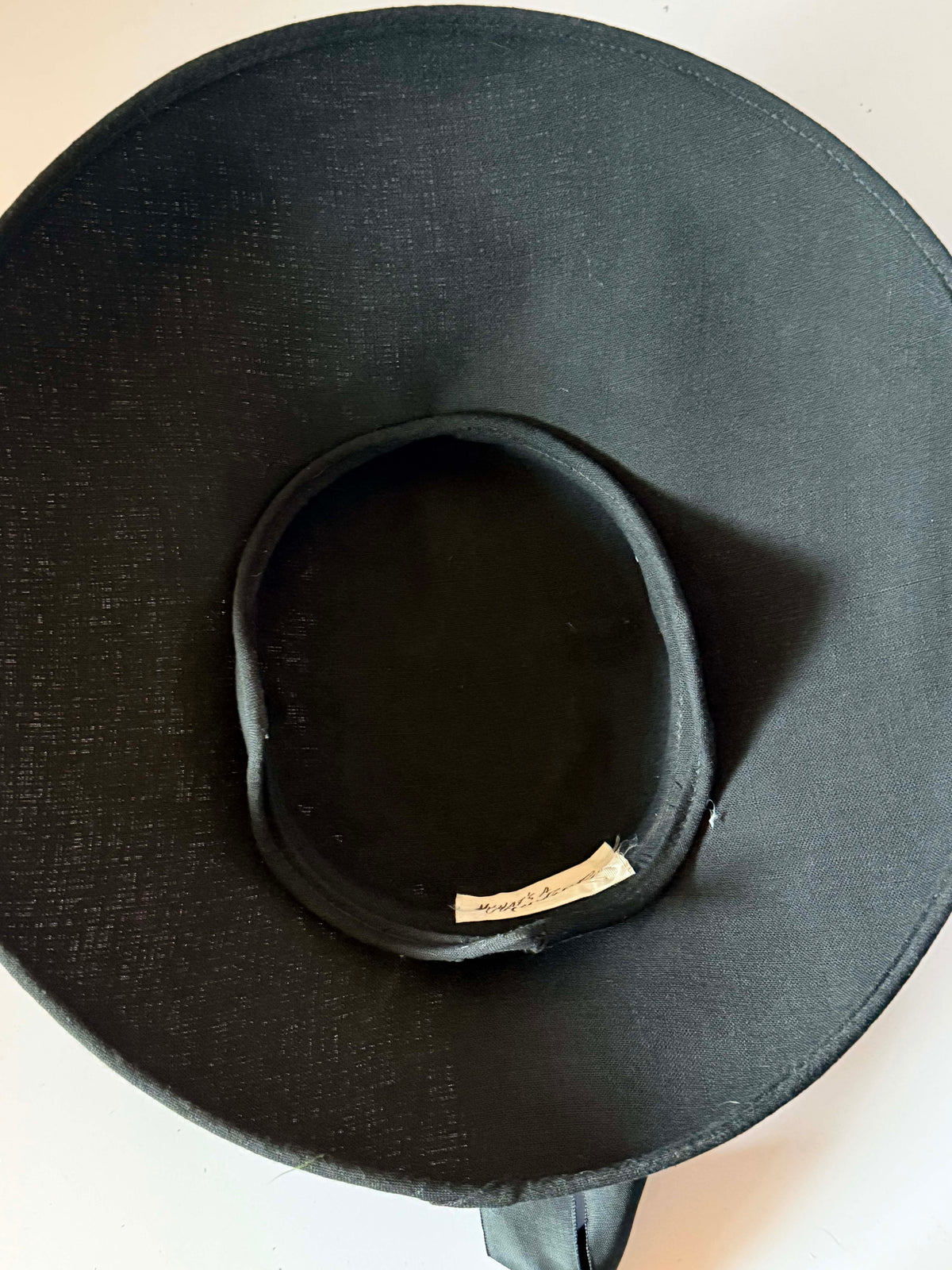 Vintage 1950s Black Wide Brim Picture Hat Ivory Embroidered Floral Lace Velvet Ribbon My Hat's A Michele Mid Century Millinery