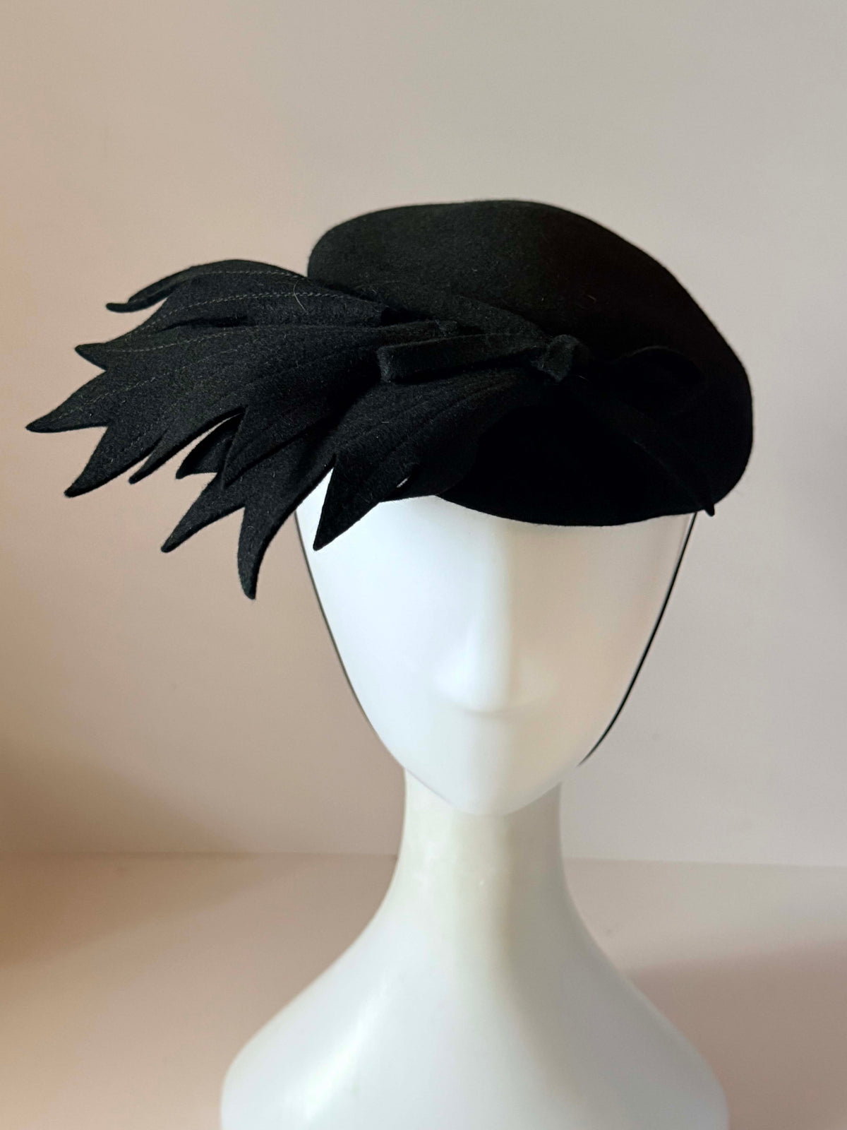 Vintage 1940s Black Wool Felt Tilt Hat Partridge Exclusive Sculptural Leaf Fascinator Mid Century Designer Millinery