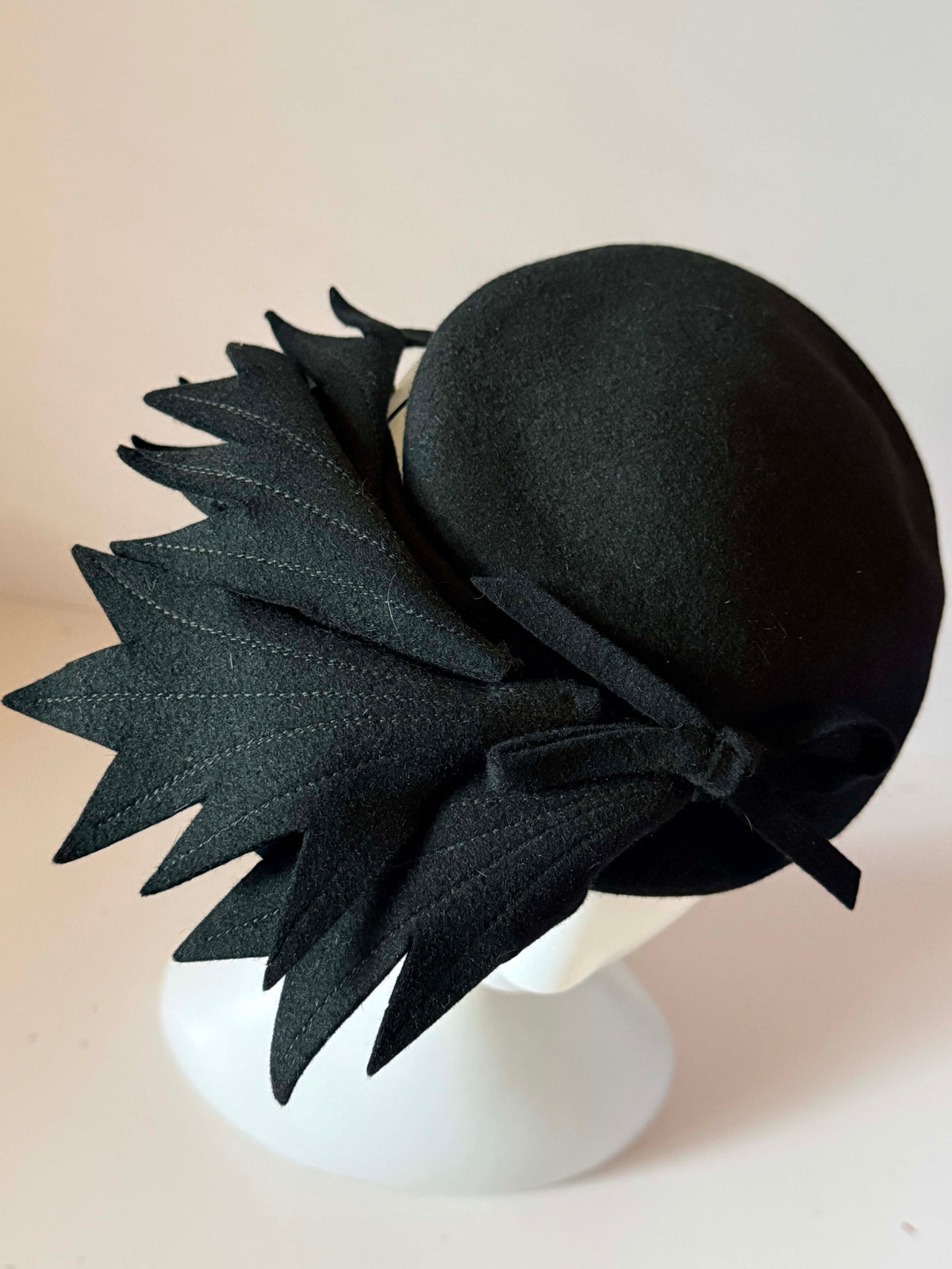 Vintage 1940s Black Wool Felt Tilt Hat Partridge Exclusive Sculptural Leaf Fascinator Mid Century Designer Millinery