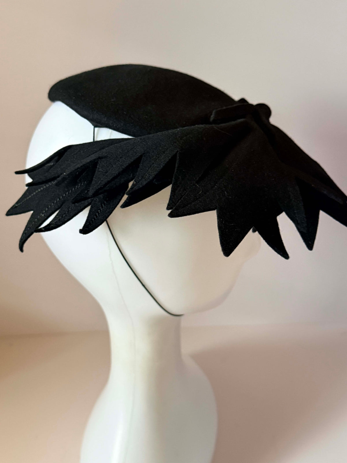 Vintage 1940s Black Wool Felt Tilt Hat Partridge Exclusive Sculptural Leaf Fascinator Mid Century Designer Millinery