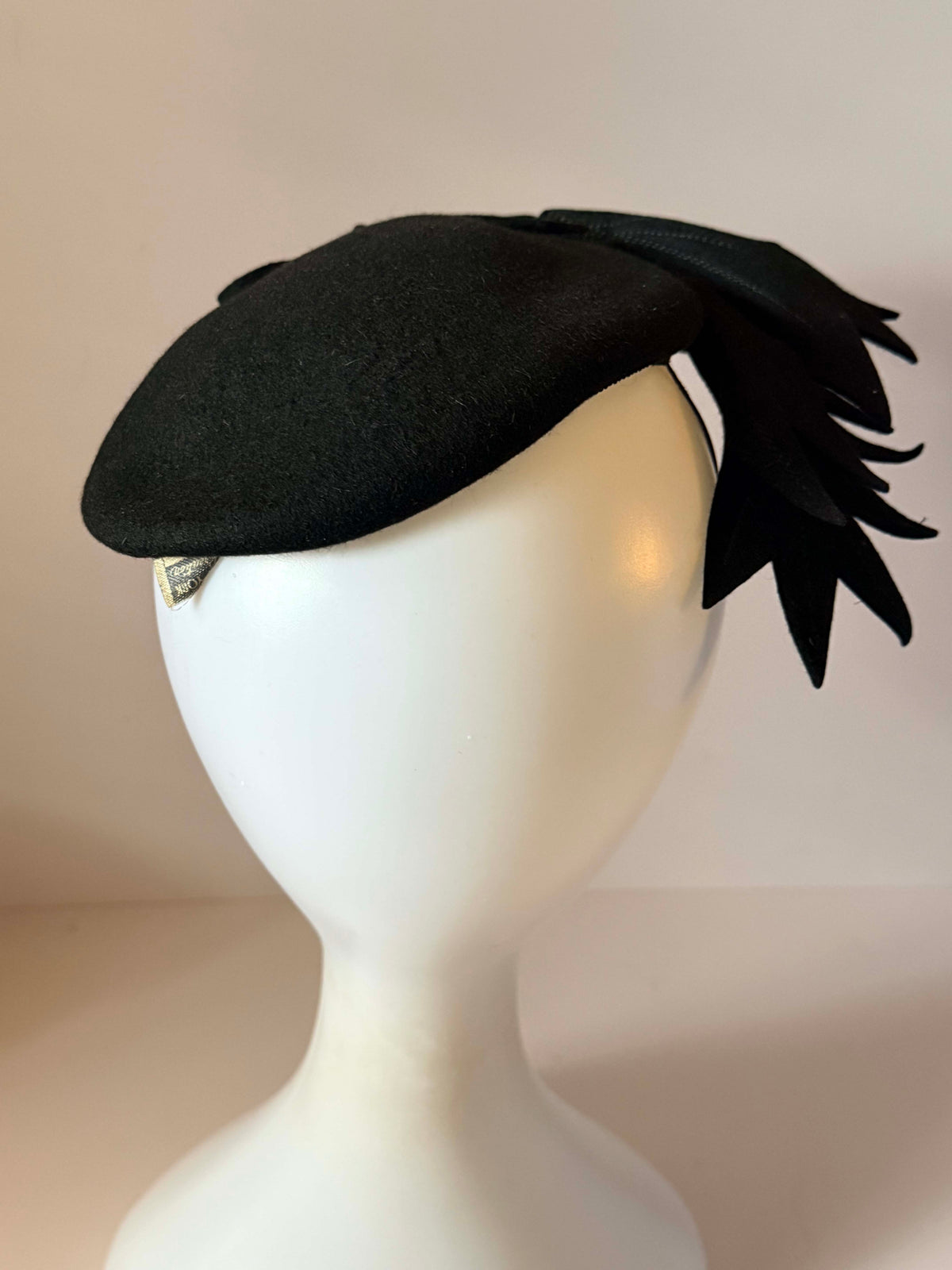 Vintage 1940s Black Wool Felt Tilt Hat Partridge Exclusive Sculptural Leaf Fascinator Mid Century Designer Millinery