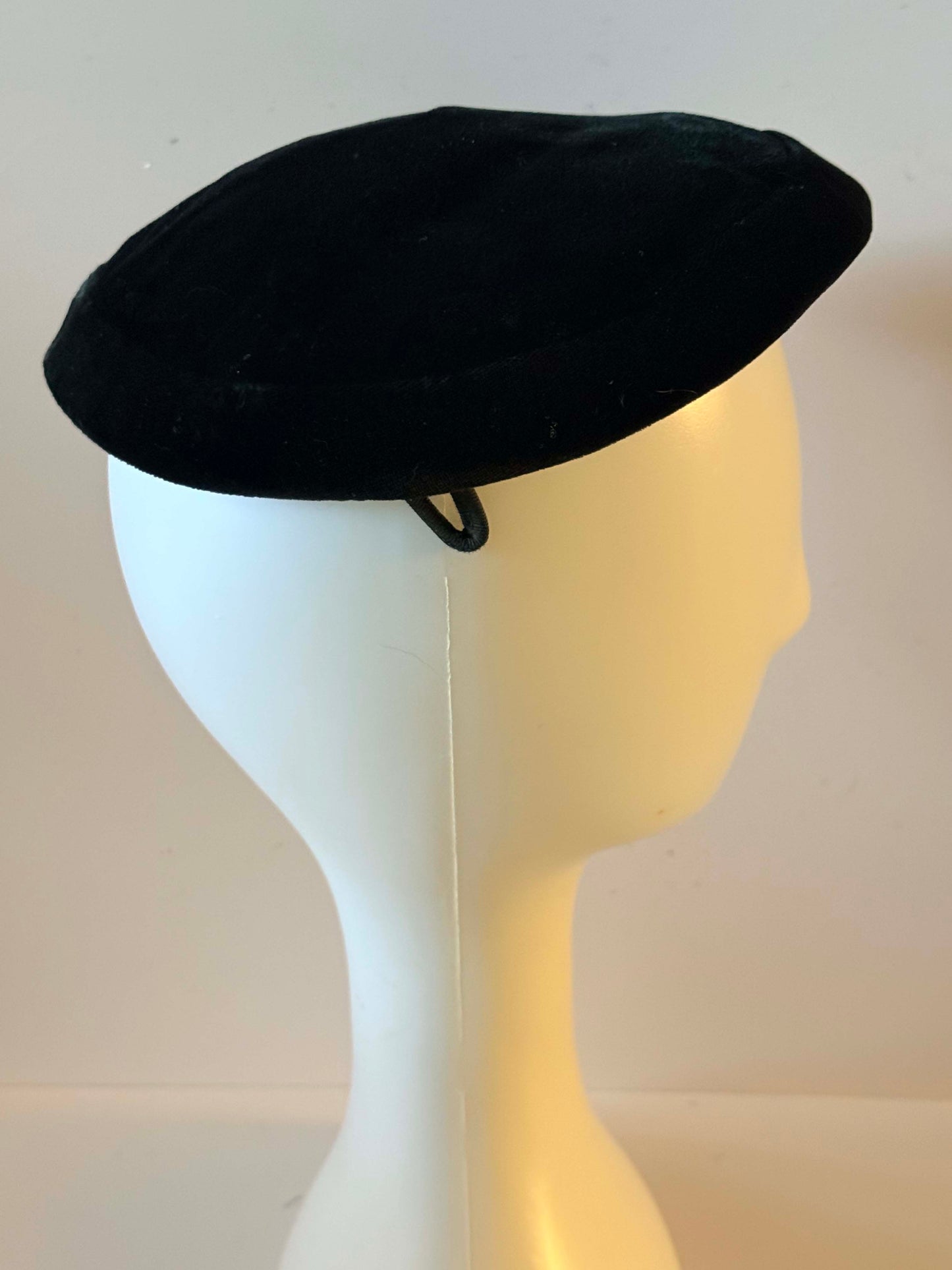 Vintage Black Velvet Pillbox Hat Minimalist Cocktail Hat Classic Mid Century 1950s 1960s Millinery