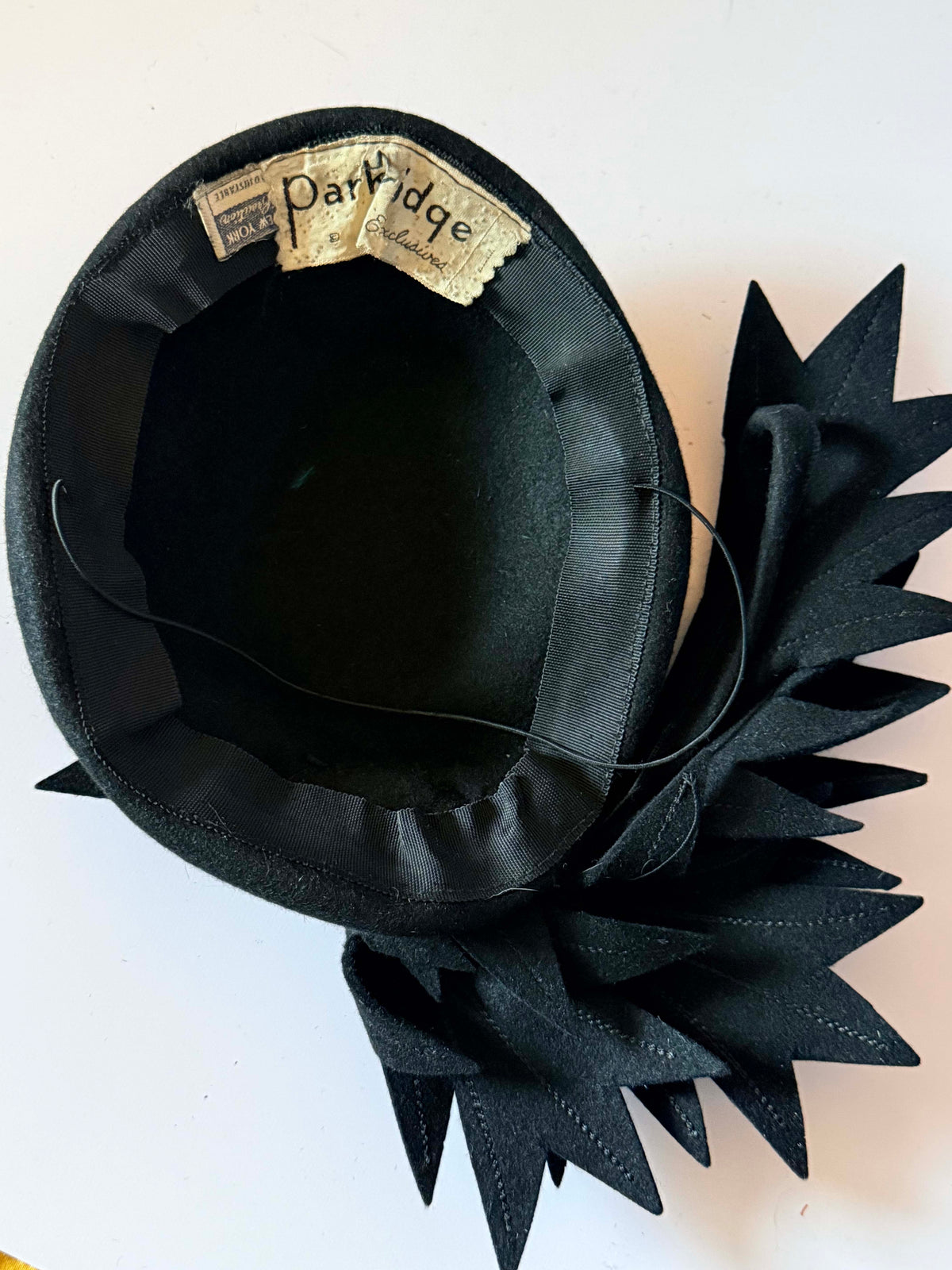 Vintage 1940s Black Wool Felt Tilt Hat Partridge Exclusive Sculptural Leaf Fascinator Mid Century Designer Millinery