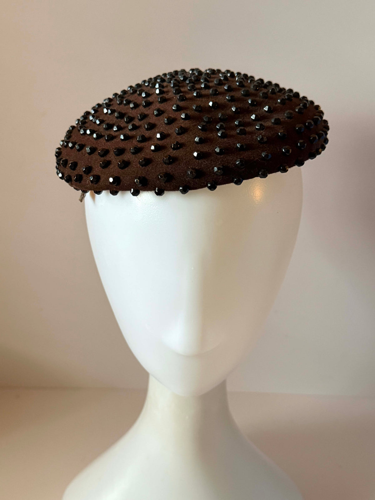 Vintage 1950s Brown Felt Percher Hat Shye Black Jet Beaded Cocktail Hat Harzfelds Kansas City Mid Century Millinery