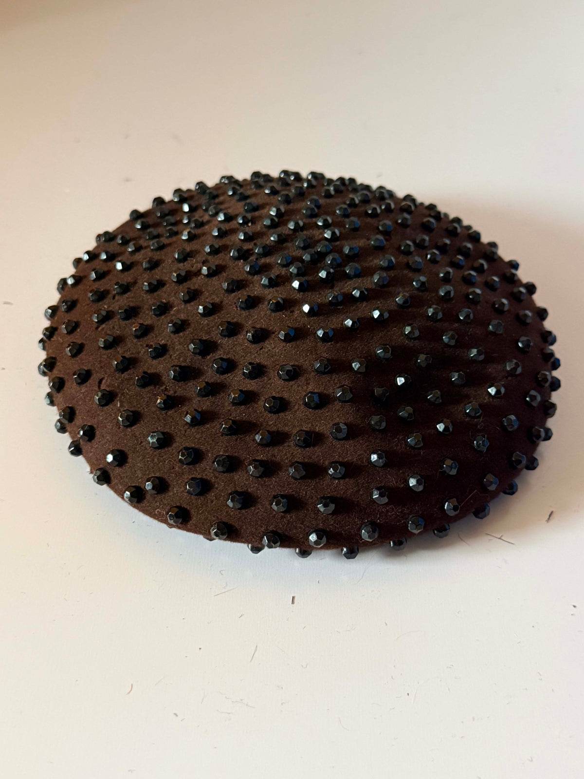 Vintage 1950s Brown Felt Percher Hat Shye Black Jet Beaded Cocktail Hat Harzfelds Kansas City Mid Century Millinery