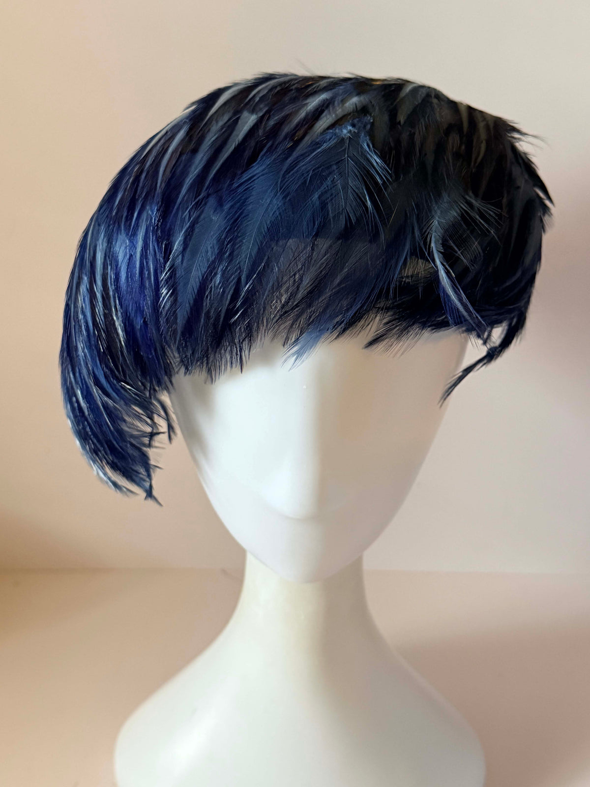 Vintage 1950s Navy Blue Feather Hat | Asymmetrical Cloche Cocktail Hat | Mid Century Women's Millinery