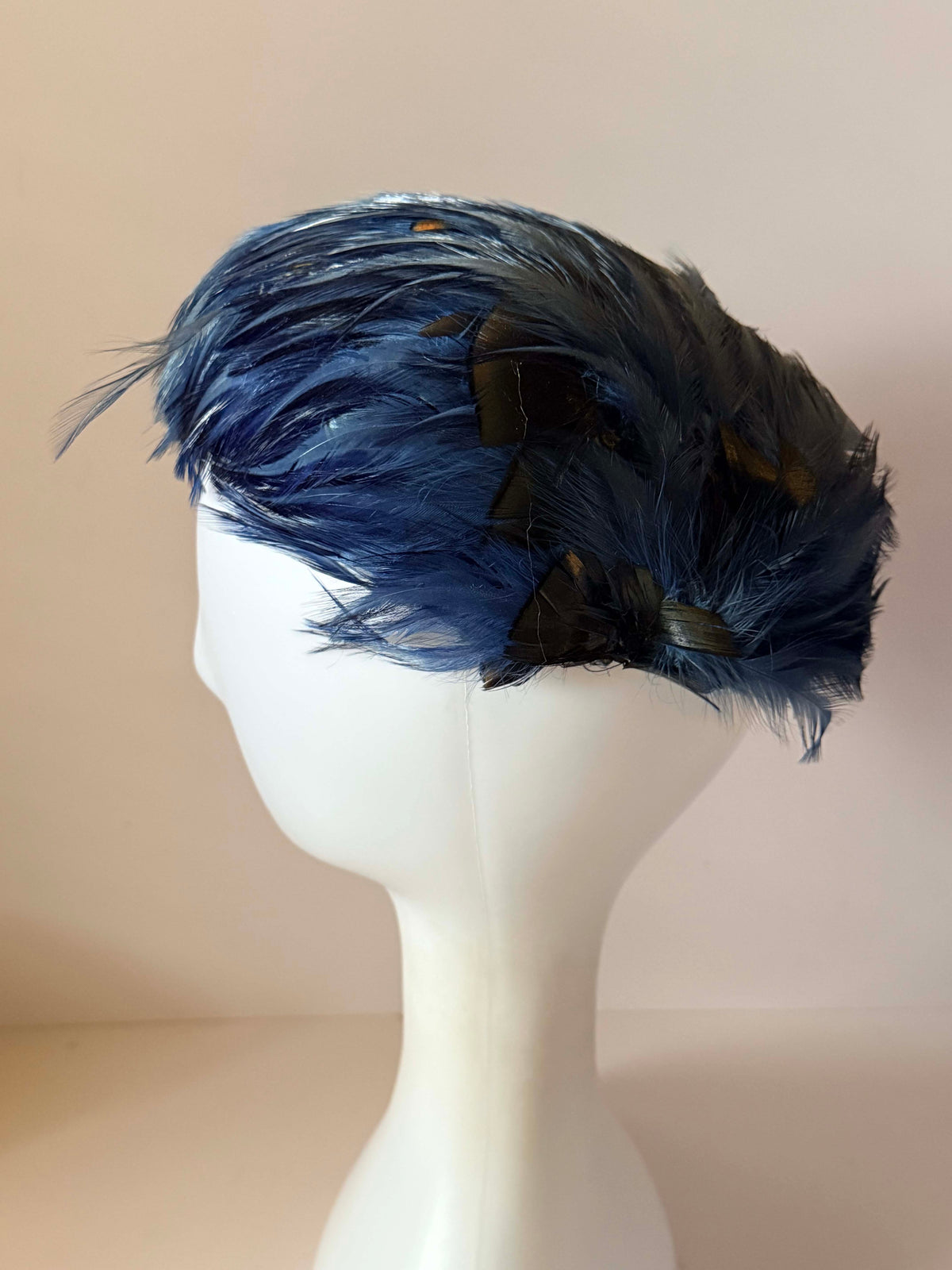 Vintage 1950s Navy Blue Feather Hat | Asymmetrical Cloche Cocktail Hat | Mid Century Women's Millinery
