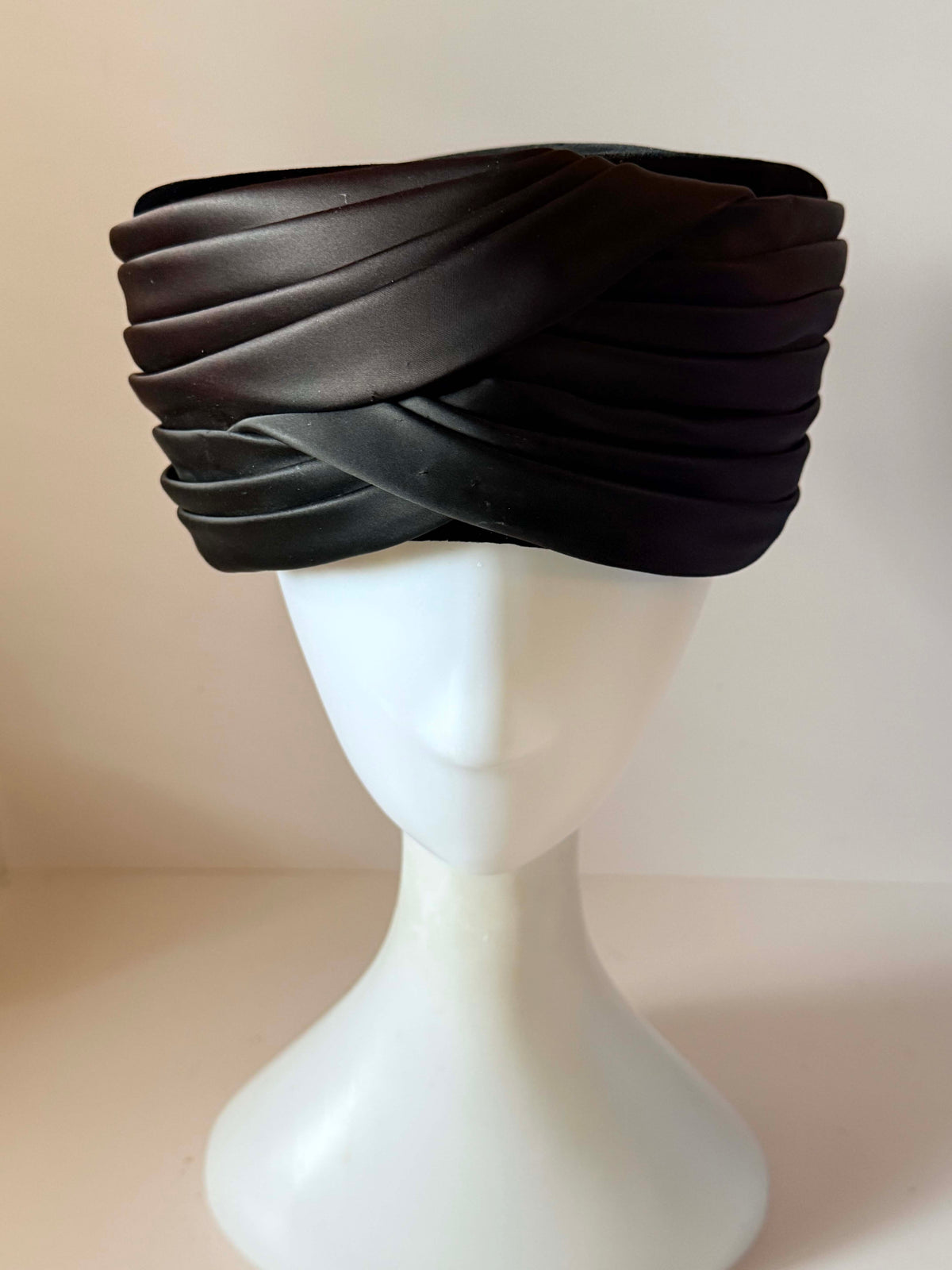 Vintage 1960s Brown Satin Turban Hat Miss Eileen Draped Pillbox Style Mid Century Mod Hollywood Glamour Millinery