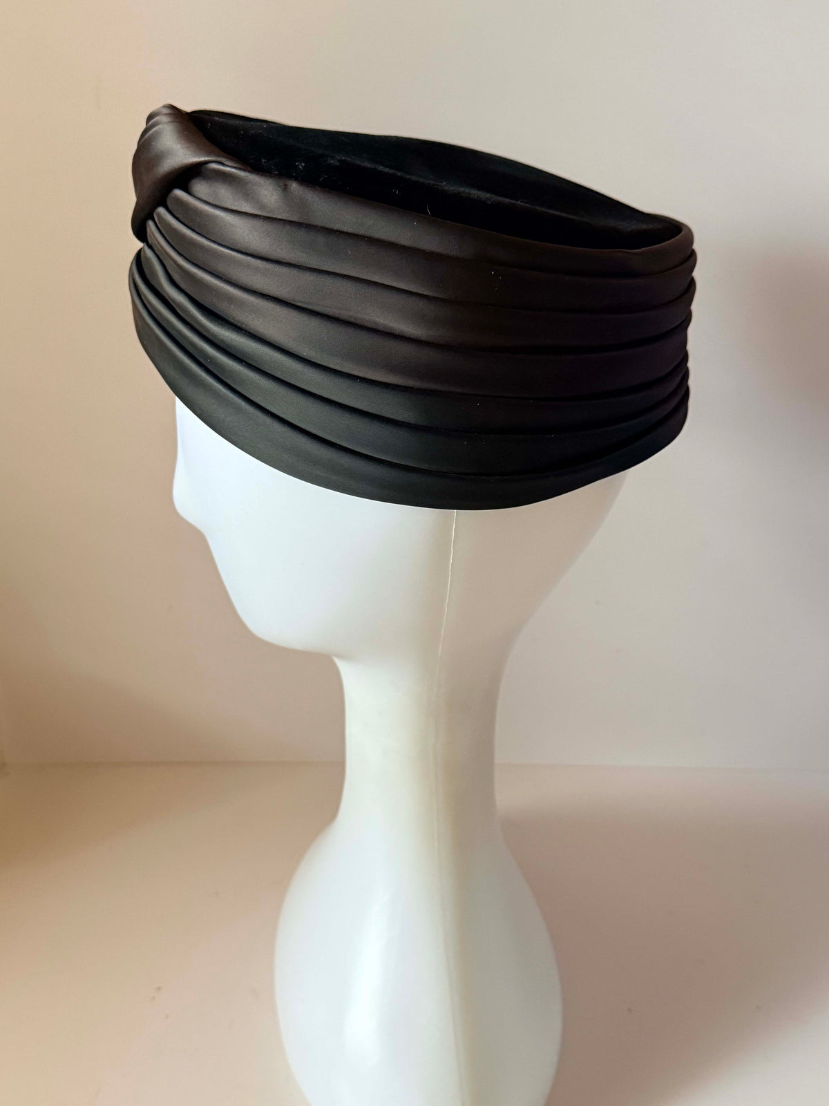 Vintage 1960s Brown Satin Turban Hat Miss Eileen Draped Pillbox Style Mid Century Mod Hollywood Glamour Millinery