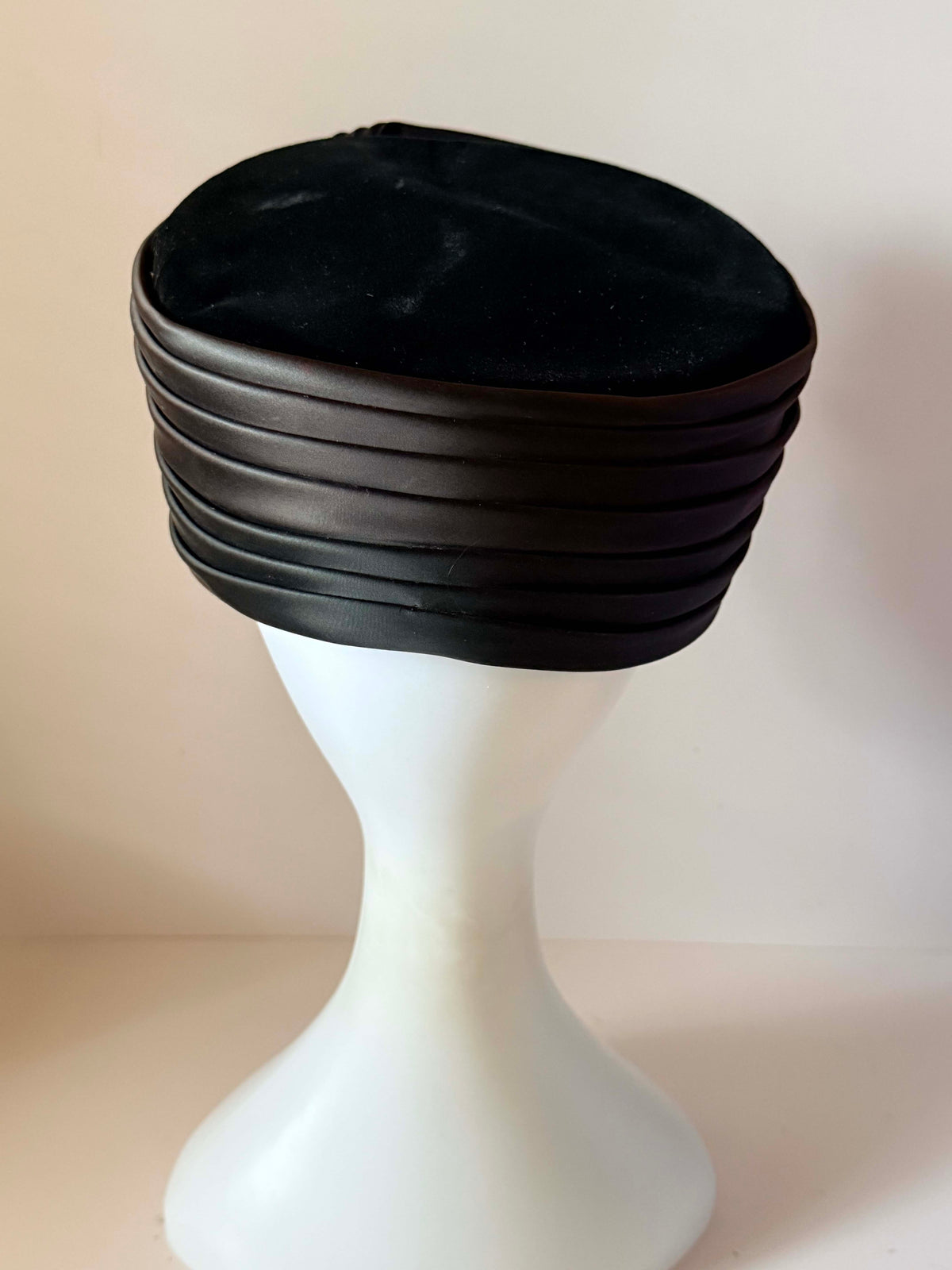Vintage 1960s Brown Satin Turban Hat Miss Eileen Draped Pillbox Style Mid Century Mod Hollywood Glamour Millinery