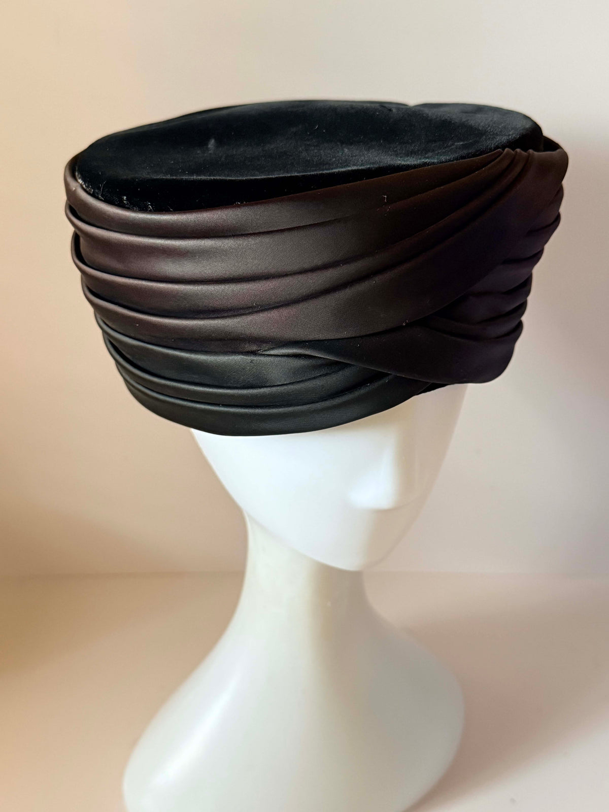 Vintage 1960s Brown Satin Turban Hat Miss Eileen Draped Pillbox Style Mid Century Mod Hollywood Glamour Millinery