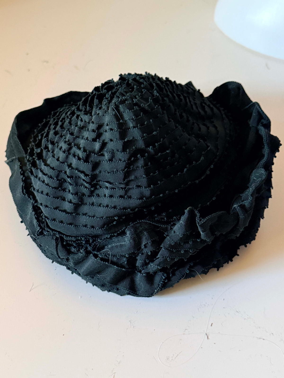 Vintage 1950s Black Cloche Hat Miss Elaine Textured Ribbon Ruffle Trim Mid Century Women's Millinery