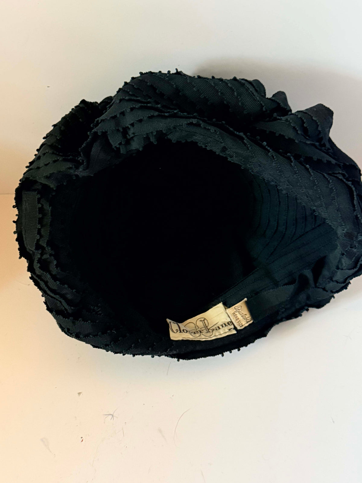 Vintage 1950s Black Cloche Hat Miss Elaine Textured Ribbon Ruffle Trim Mid Century Women's Millinery