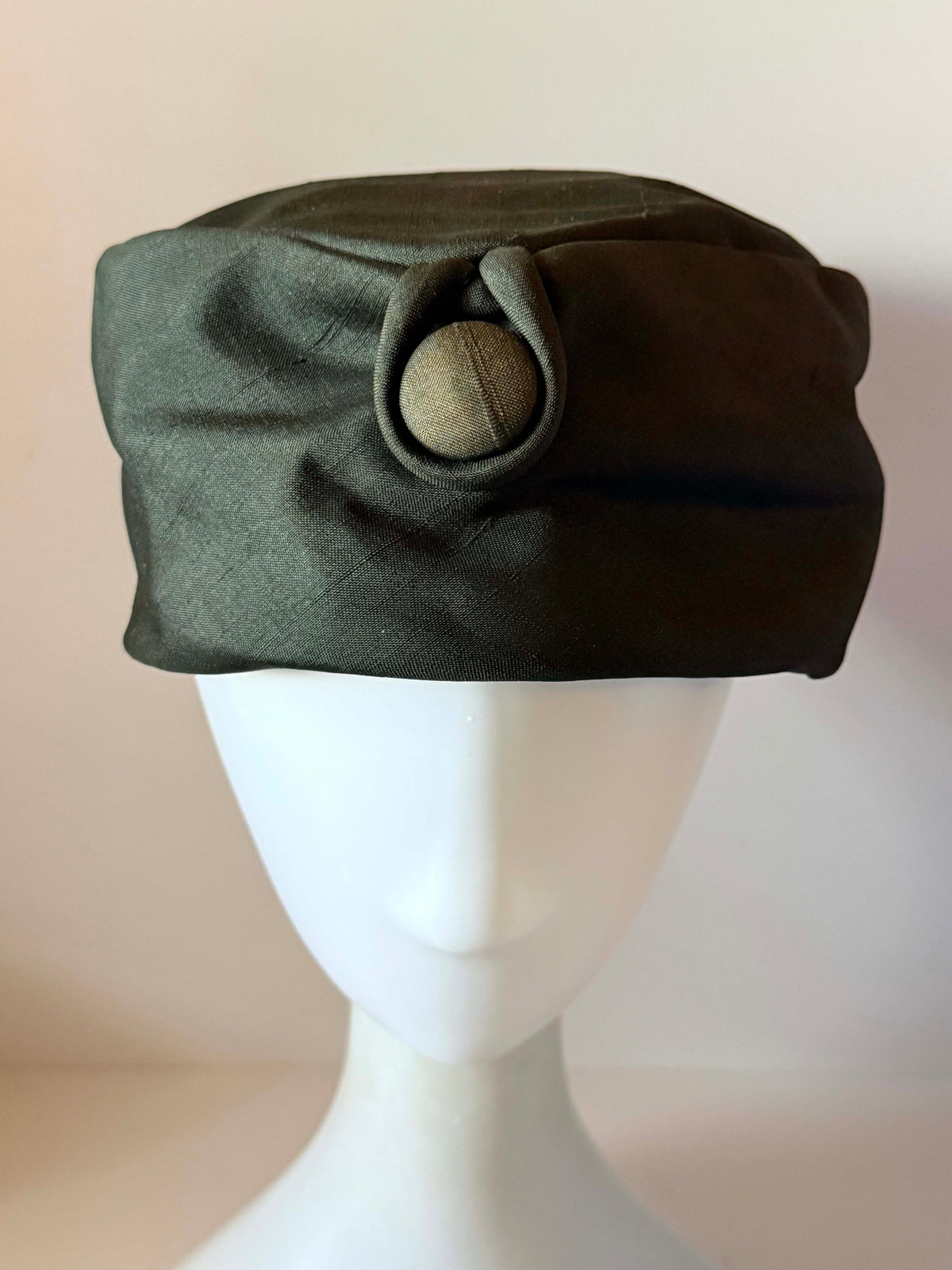 Vintage 1950s Saks Fifth Avenue Faded Black Green Silk Taffeta Pillbox Hat Gold Button Mid Century Ladies Millinery