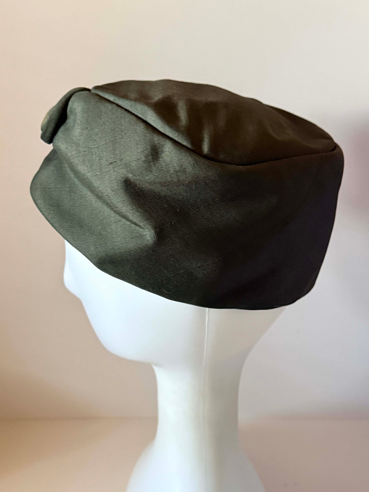 Vintage 1950s Saks Fifth Avenue Faded Black Green Silk Taffeta Pillbox Hat Gold Button Mid Century Ladies Millinery