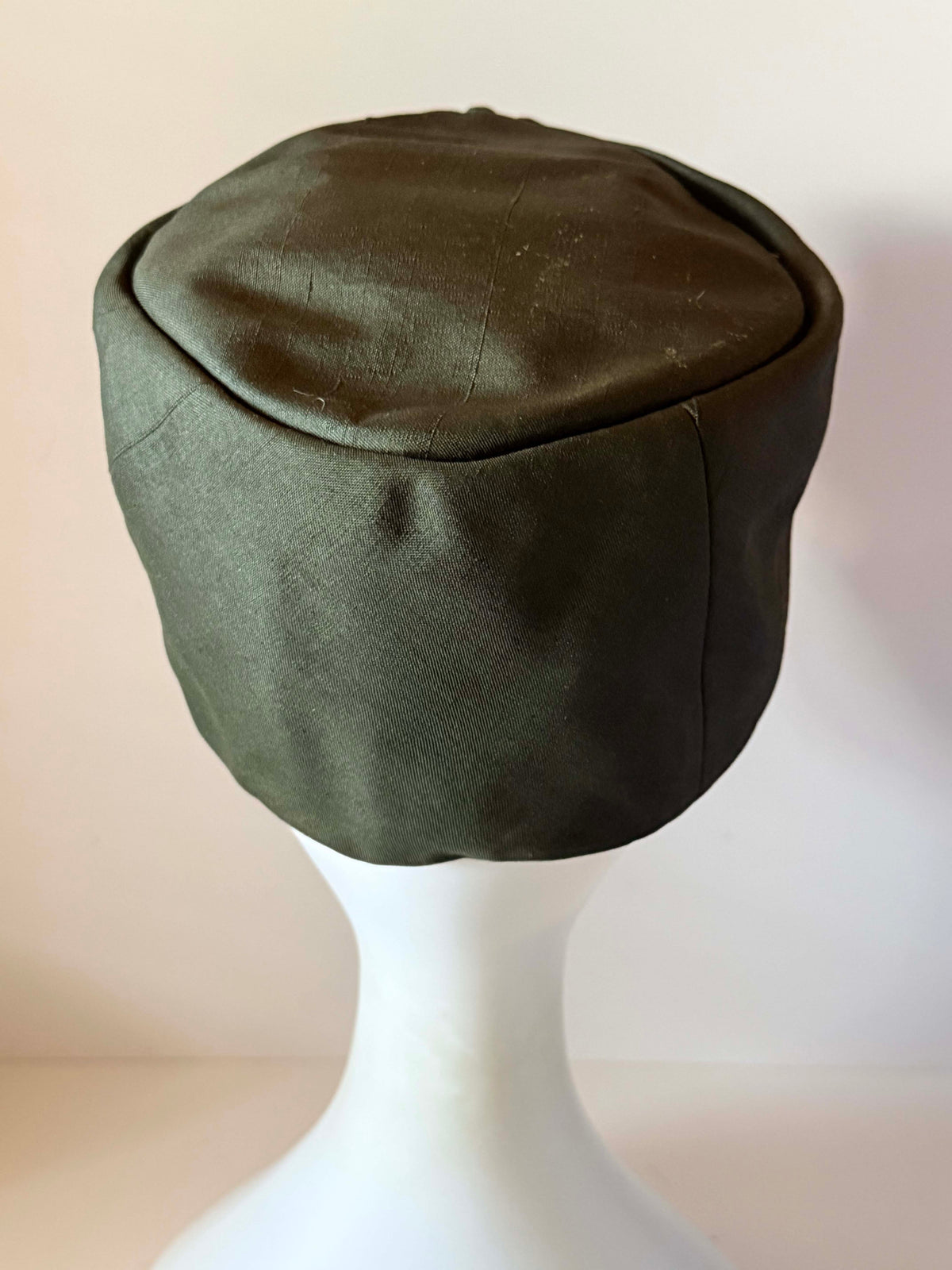 Vintage 1950s Saks Fifth Avenue Faded Black Green Silk Taffeta Pillbox Hat Gold Button Mid Century Ladies Millinery