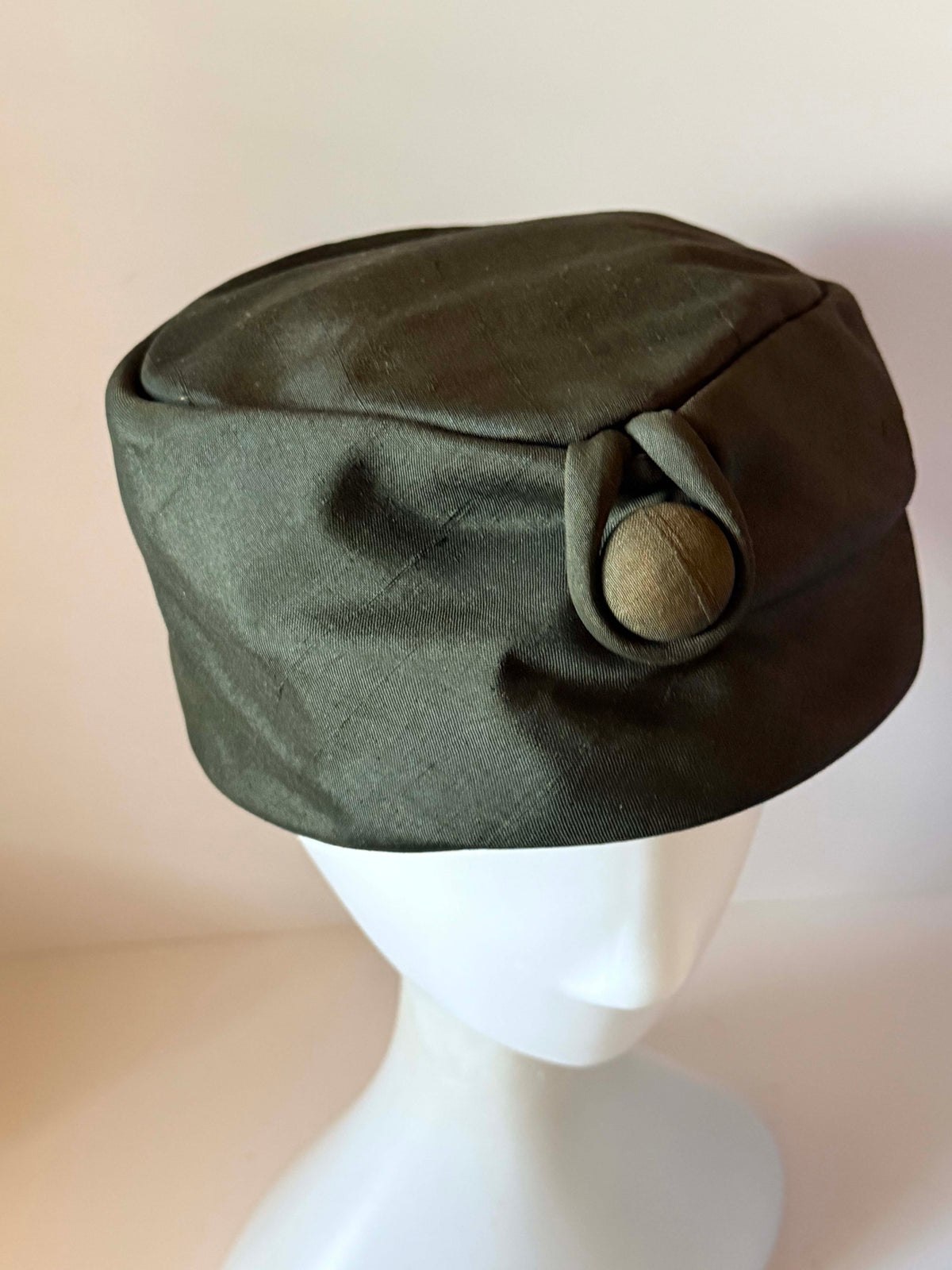 Vintage 1950s Saks Fifth Avenue Faded Black Green Silk Taffeta Pillbox Hat Gold Button Mid Century Ladies Millinery