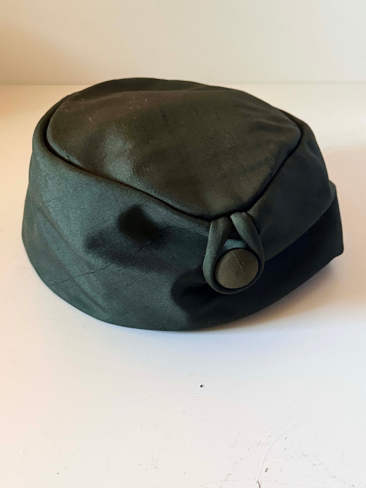 Vintage 1950s Saks Fifth Avenue Faded Black Green Silk Taffeta Pillbox Hat Gold Button Mid Century Ladies Millinery